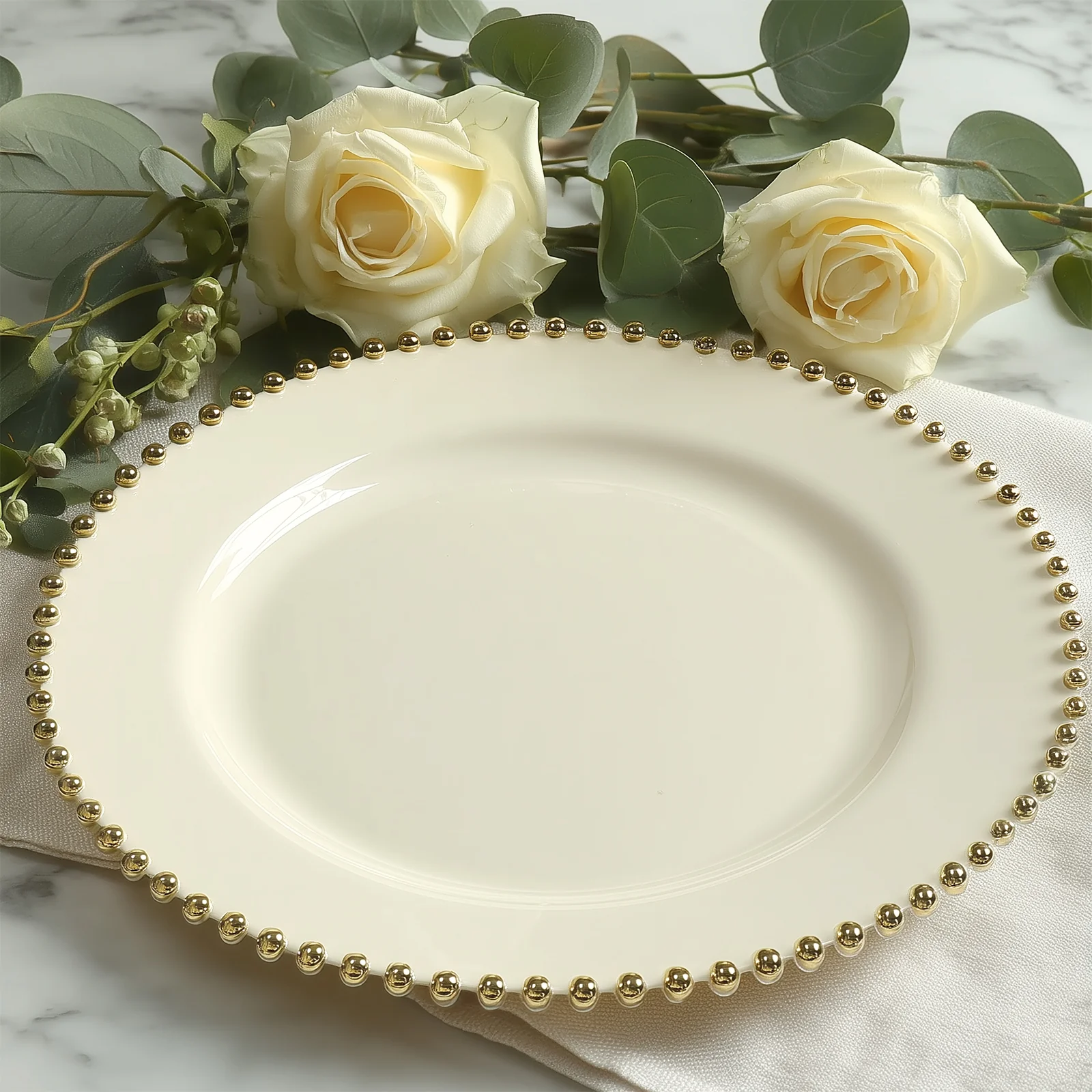 10-Pack Plastic Round Dinner Plates 10" Ivory with Gold Beaded Rim - Disposable Party Plates for Stylish Gatherings & Celebrations - Image 7