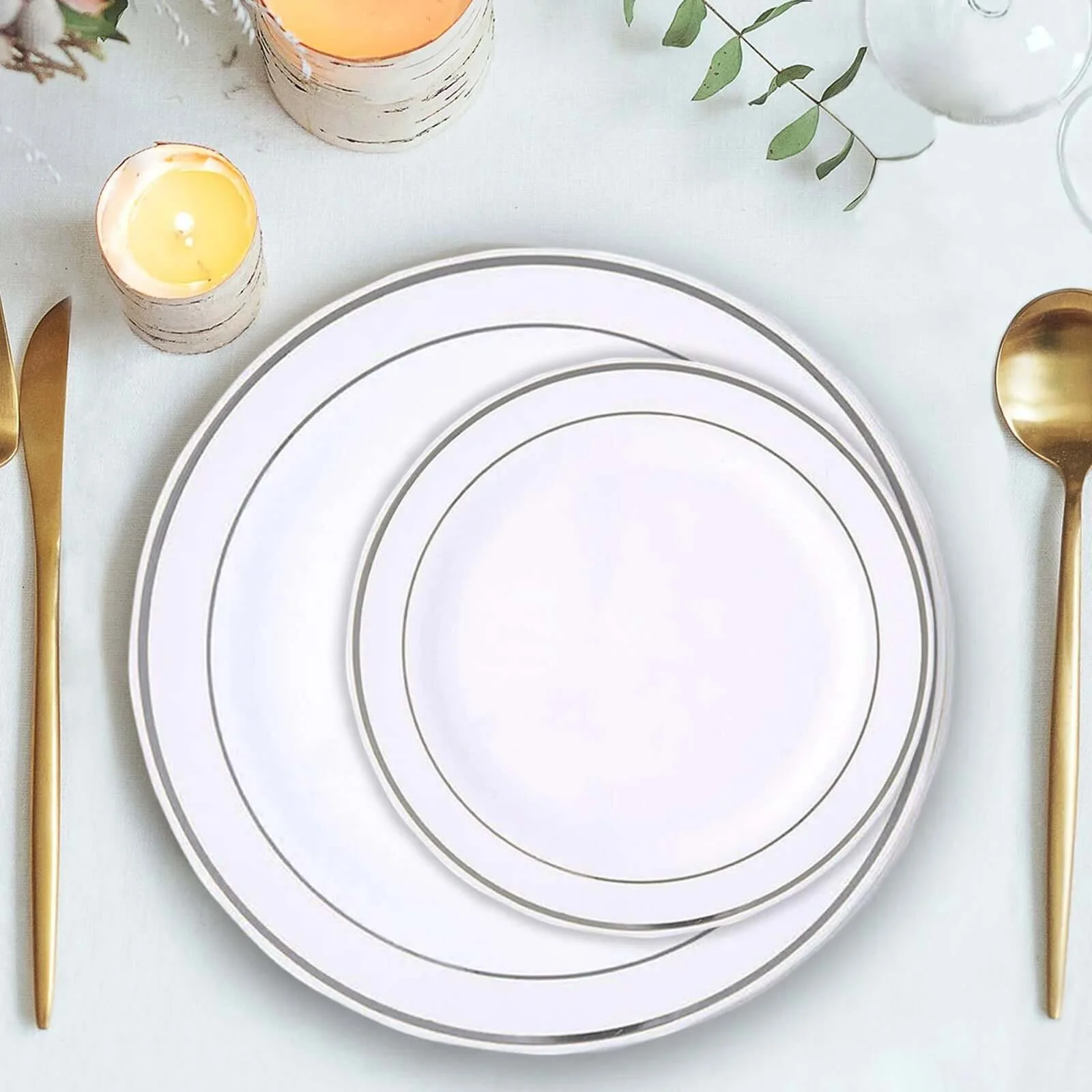 10-Pack Plastic Dessert Plates 6" White with Très Chic Silver Rim - Premium Disposable Salad Plates - Image 2