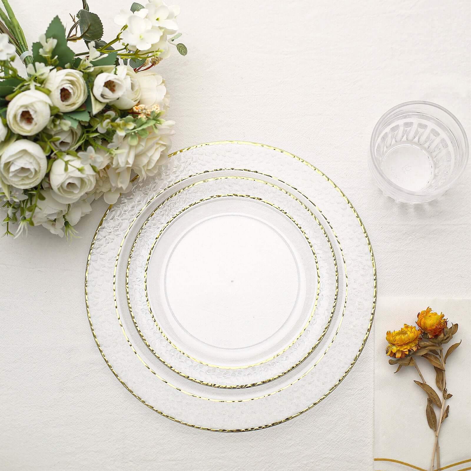 10-Pack Plastic Round Appetizer Plates 7.5" Clear Hammered Design with Gold Rim - Disposable Salad Plates for Stylish Weddings & Celebrations - Image 6