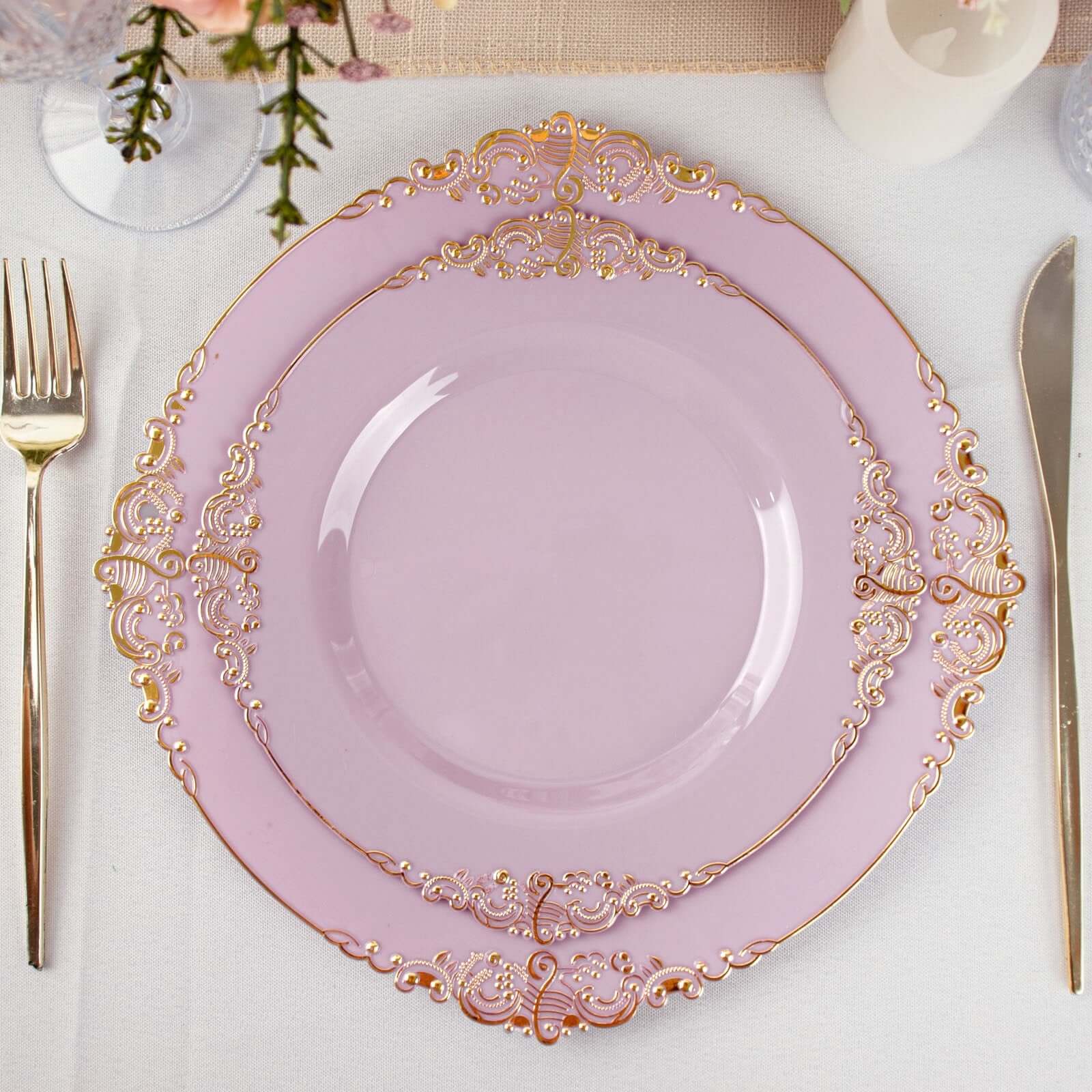 10-Pack Plastic Round Dessert Plates 8" Lavender Lilac with Gold Leaf Embossed Rim - Vintage Baroque Style Disposable Salad Plates