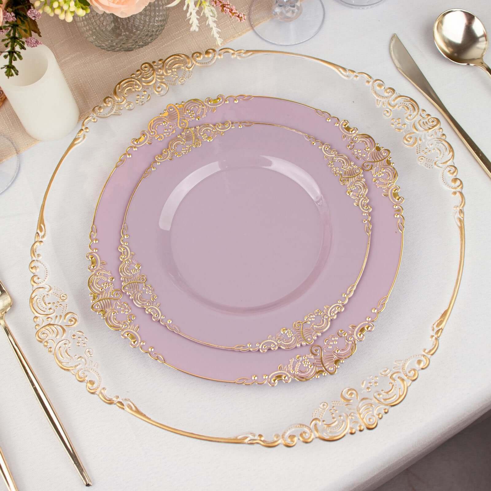 10-Pack Plastic Round Dessert Plates 8" Lavender Lilac with Gold Leaf Embossed Rim - Vintage Baroque Style Disposable Salad Plates - Image 6