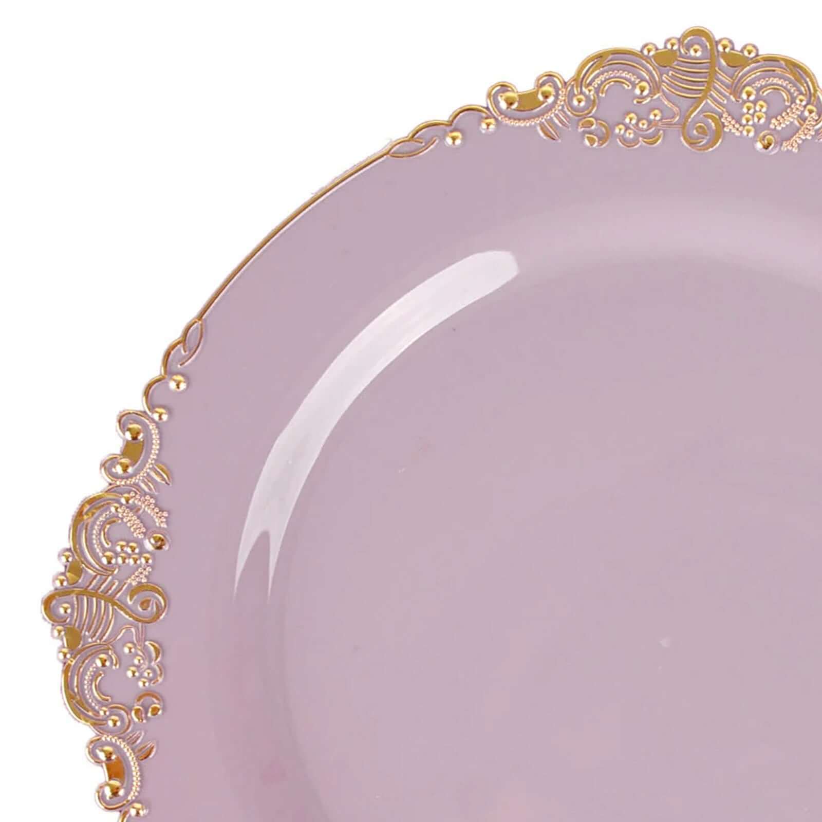 10-Pack Plastic Round Dessert Plates 8" Lavender Lilac with Gold Leaf Embossed Rim - Vintage Baroque Style Disposable Salad Plates - Image 8
