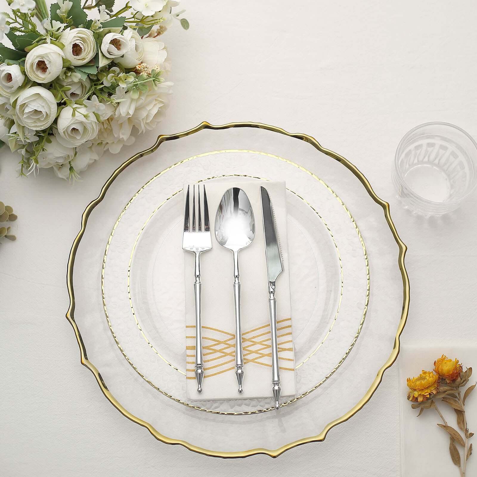 10-Pack Plastic Round Dinner Plates 10" Clear Hammered Design with Gold Rim - Disposable Party Plates - Image 2