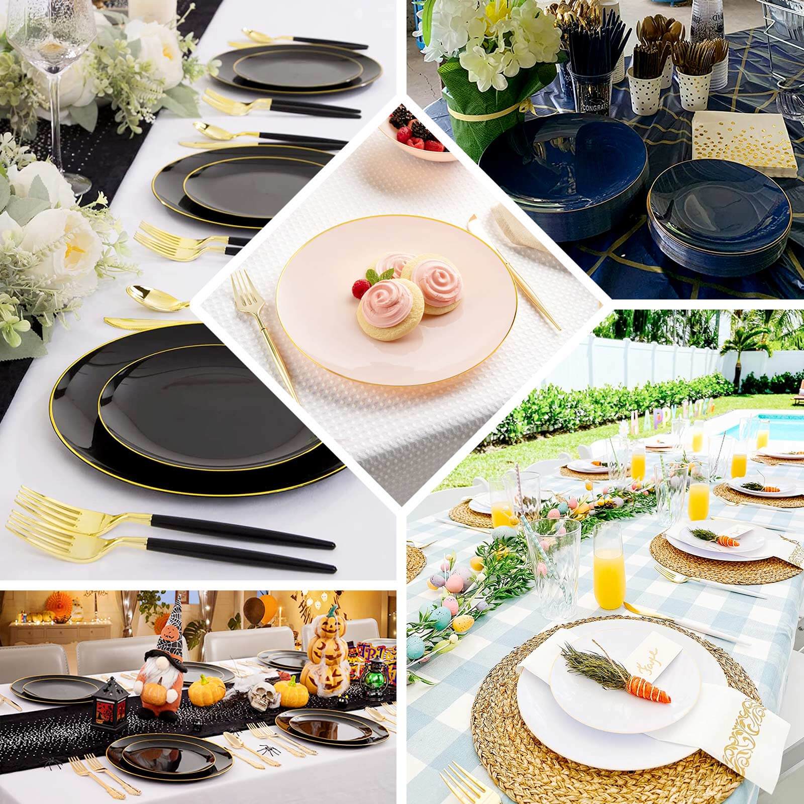 10-Pack Plastic Round Dinner Plates 10" Dusty Blue with Gold Rim - Glossy Disposable Party Plates - Image 5