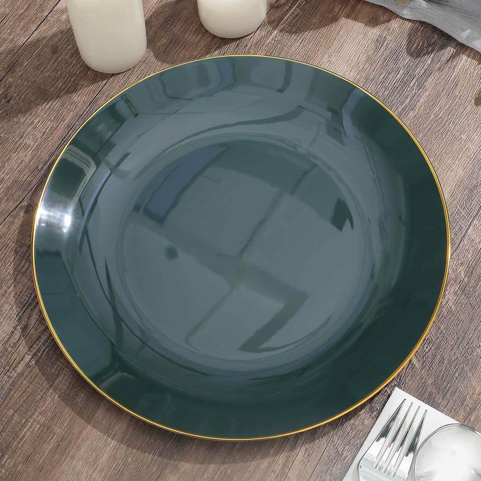 10-Pack Plastic Round Dinner Plates 10" Hunter Emerald Green with Gold Rim - Glossy Disposable Party Plates