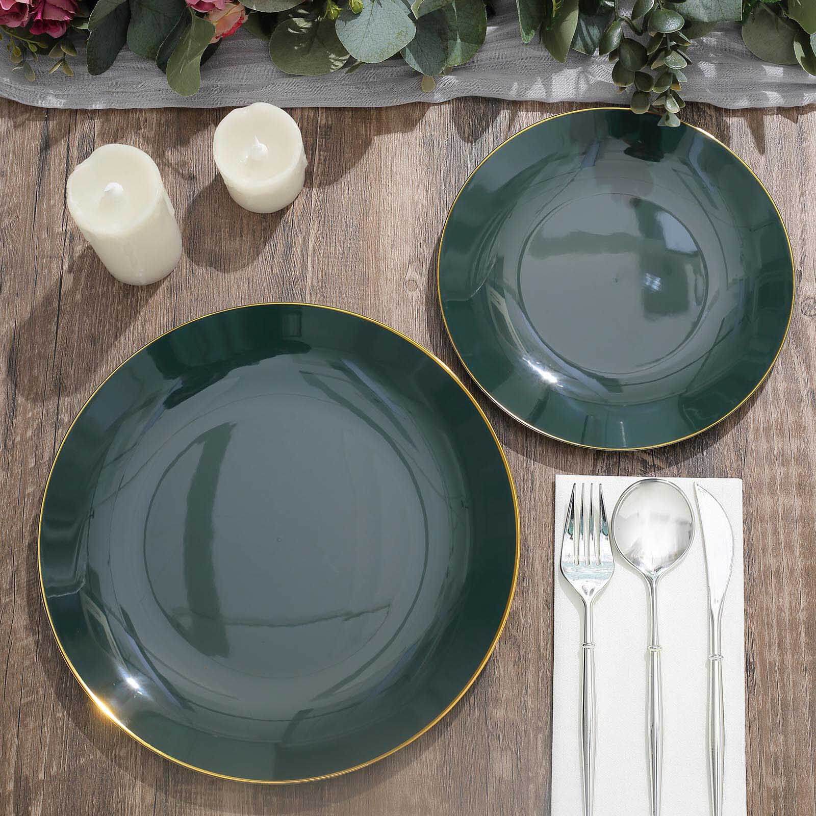 10-Pack Plastic Round Dinner Plates 10" Hunter Emerald Green with Gold Rim - Glossy Disposable Party Plates - Image 8
