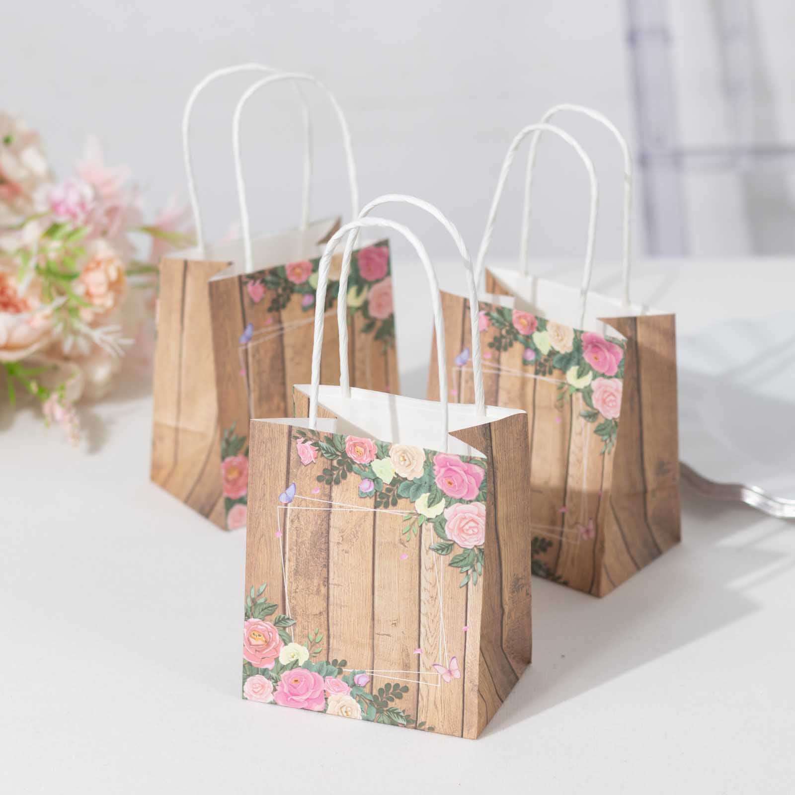 12 Pack Natural Wood Print Paper Gift Bags with Rose Floral Accent, Small Party Favor Goodie Bags With Handles - 4"x5" - Image 2