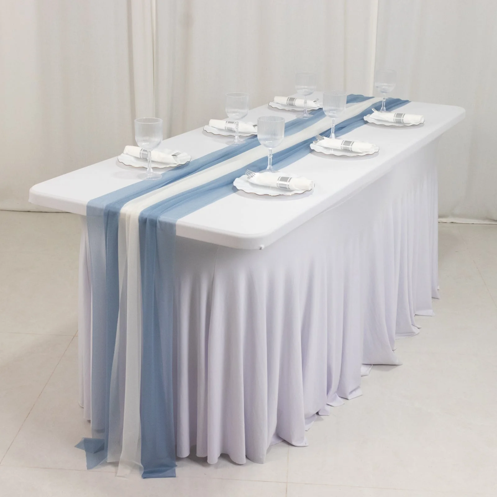 20-Pack Sheer Table Runners Dusty Blue Ivory, 9ft Long Sheer Drapes Table Decor, Wrinkle-Free