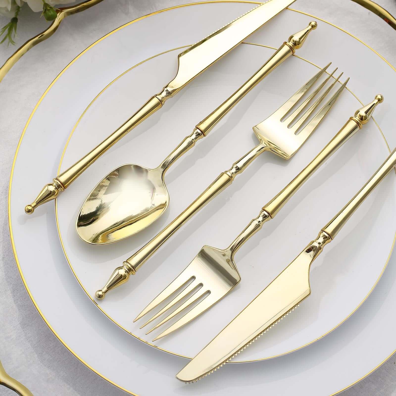 24-Pack Plastic Utensil Set Gold with Roman Column Handle - Glittered Disposable Forks, Spoons, and Knives - Image 2
