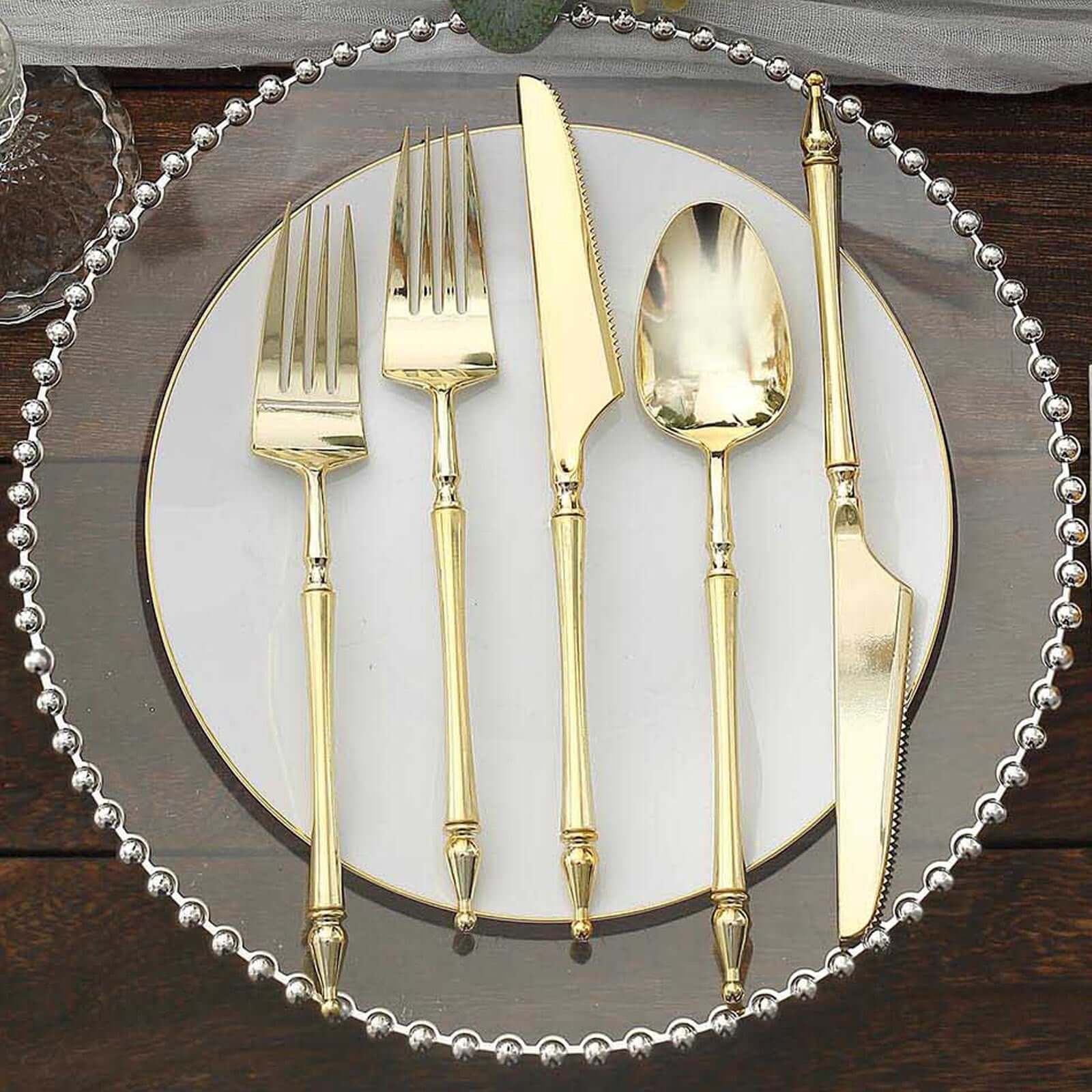 24-Pack Plastic Utensil Set Gold with Roman Column Handle - Glittered Disposable Forks, Spoons, and Knives - Image 5