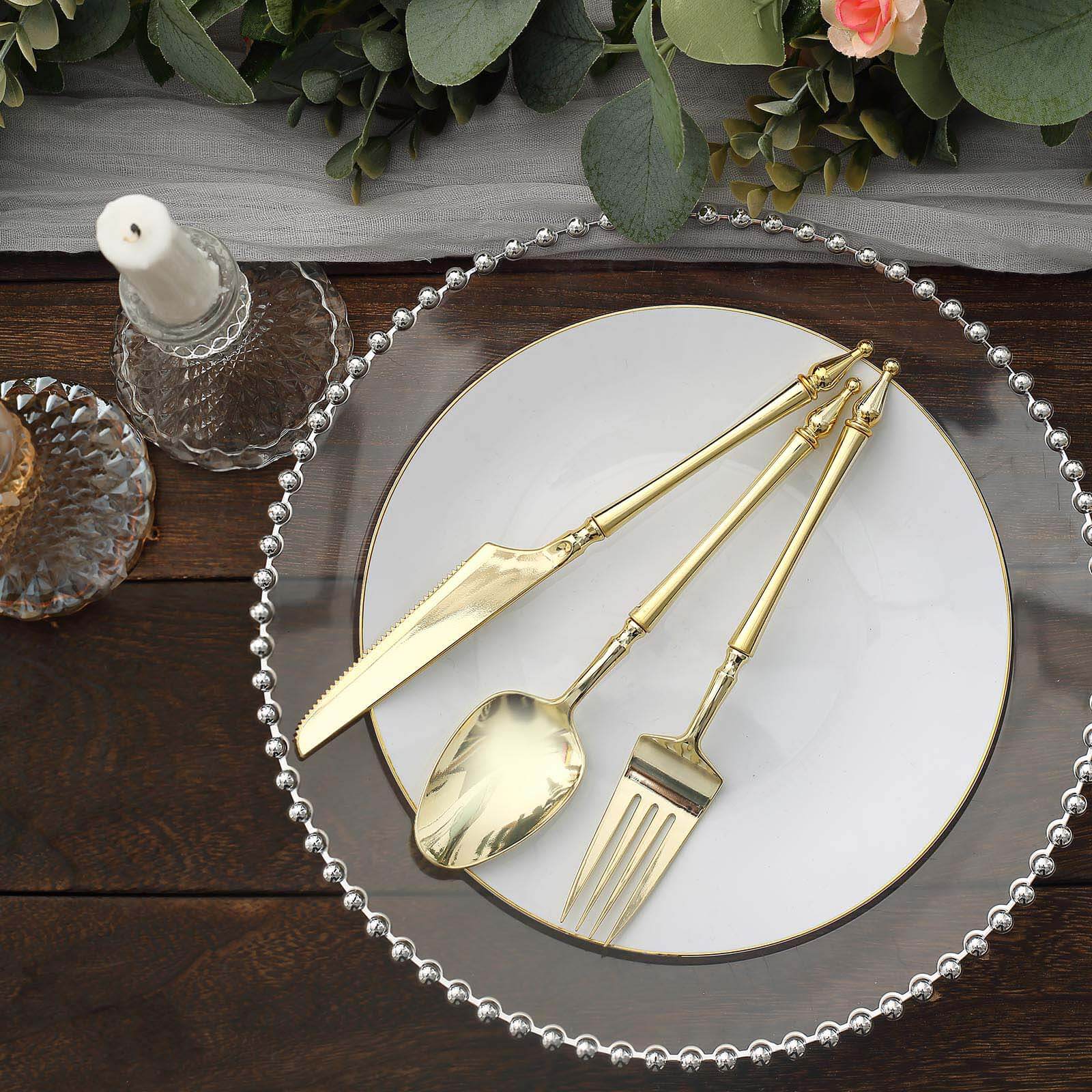 24-Pack Plastic Utensil Set Gold with Roman Column Handle - Glittered Disposable Forks, Spoons, and Knives - Image 7