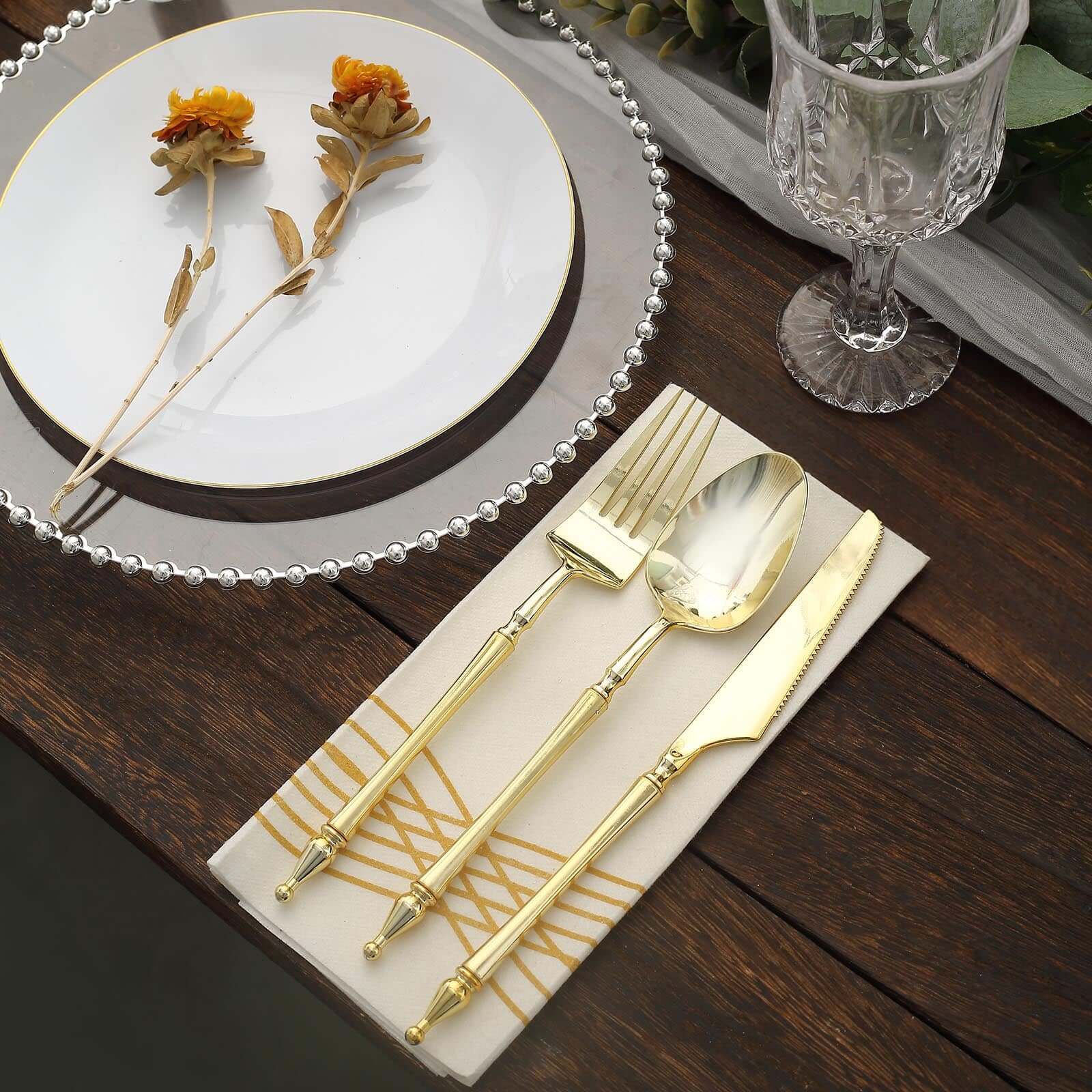 24-Pack Plastic Utensil Set Gold with Roman Column Handle - Glittered Disposable Forks, Spoons, and Knives - Image 8