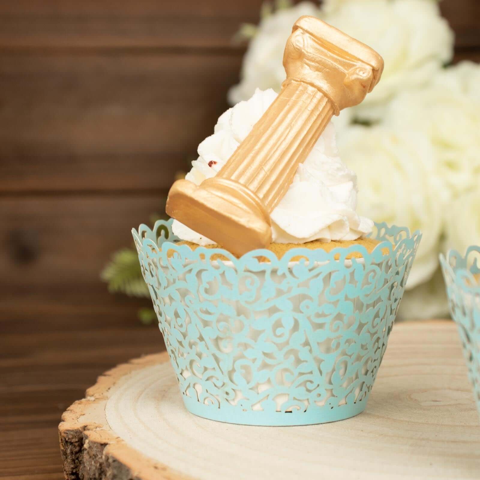 25-Pack Paper Cupcake Wrappers Light Blue Lace Laser Cut Design - Muffin Baking Cup Trays for Events - Image 6