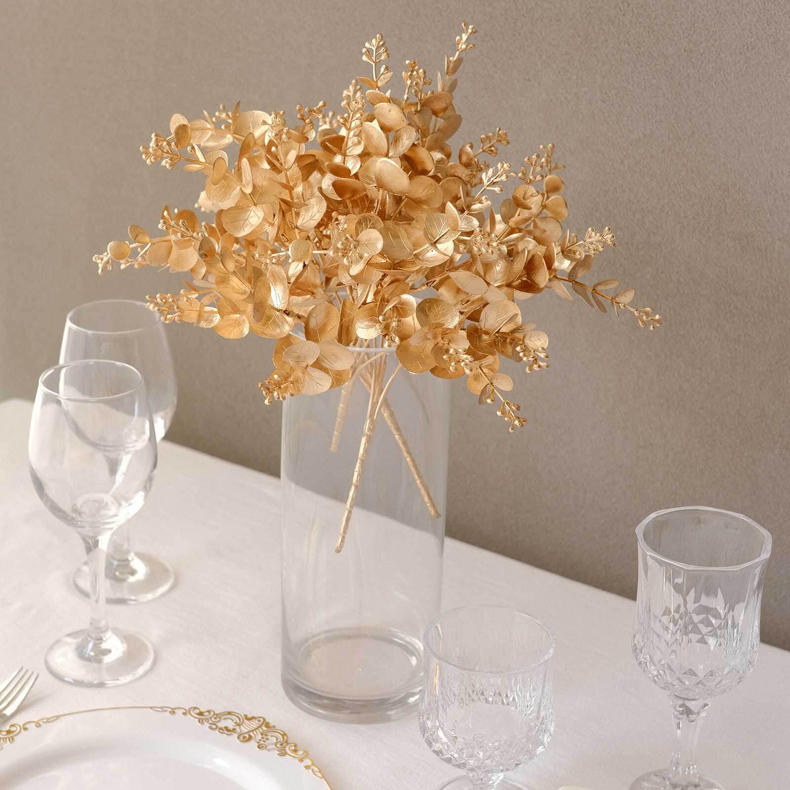 4 Pack Metallic Gold Artificial Eucalyptus Bushes, Faux Leaf Decor 12" - Image 4