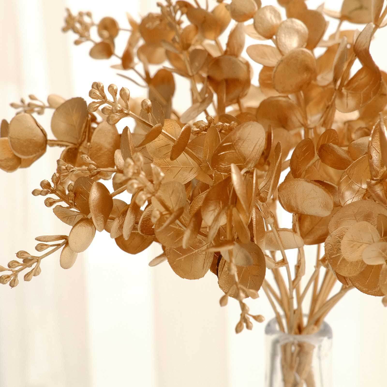 4 Pack Metallic Gold Artificial Eucalyptus Bushes, Faux Leaf Decor 12" - Image 9