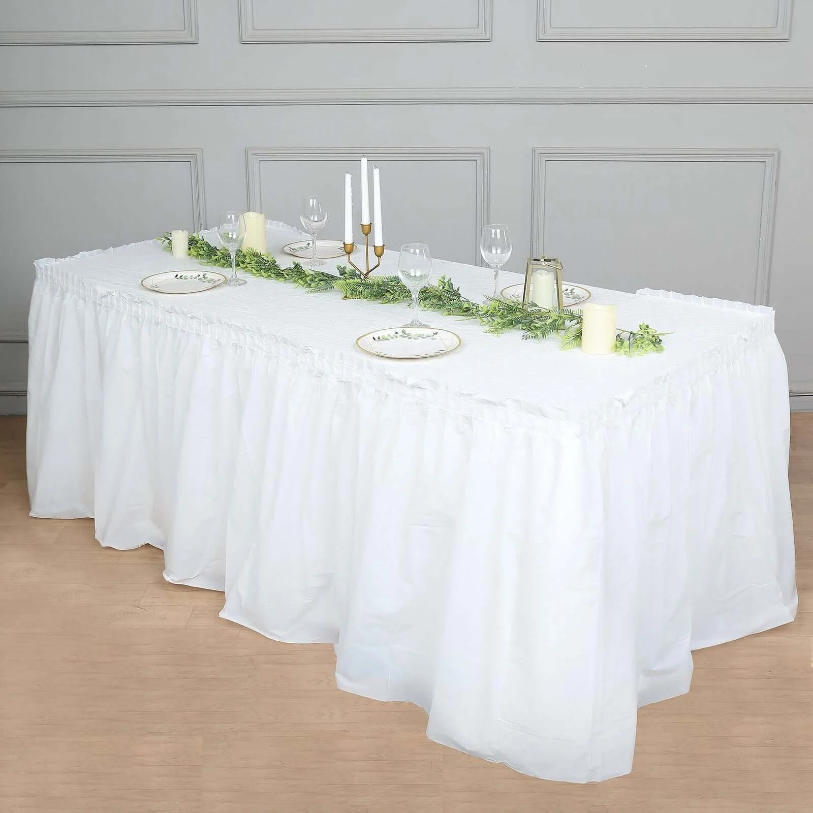 5 Pack Plastic Table Skirts 14ft White Ruffled - Waterproof Disposable Skirts for Outdoor/Indoor Use - Image 8