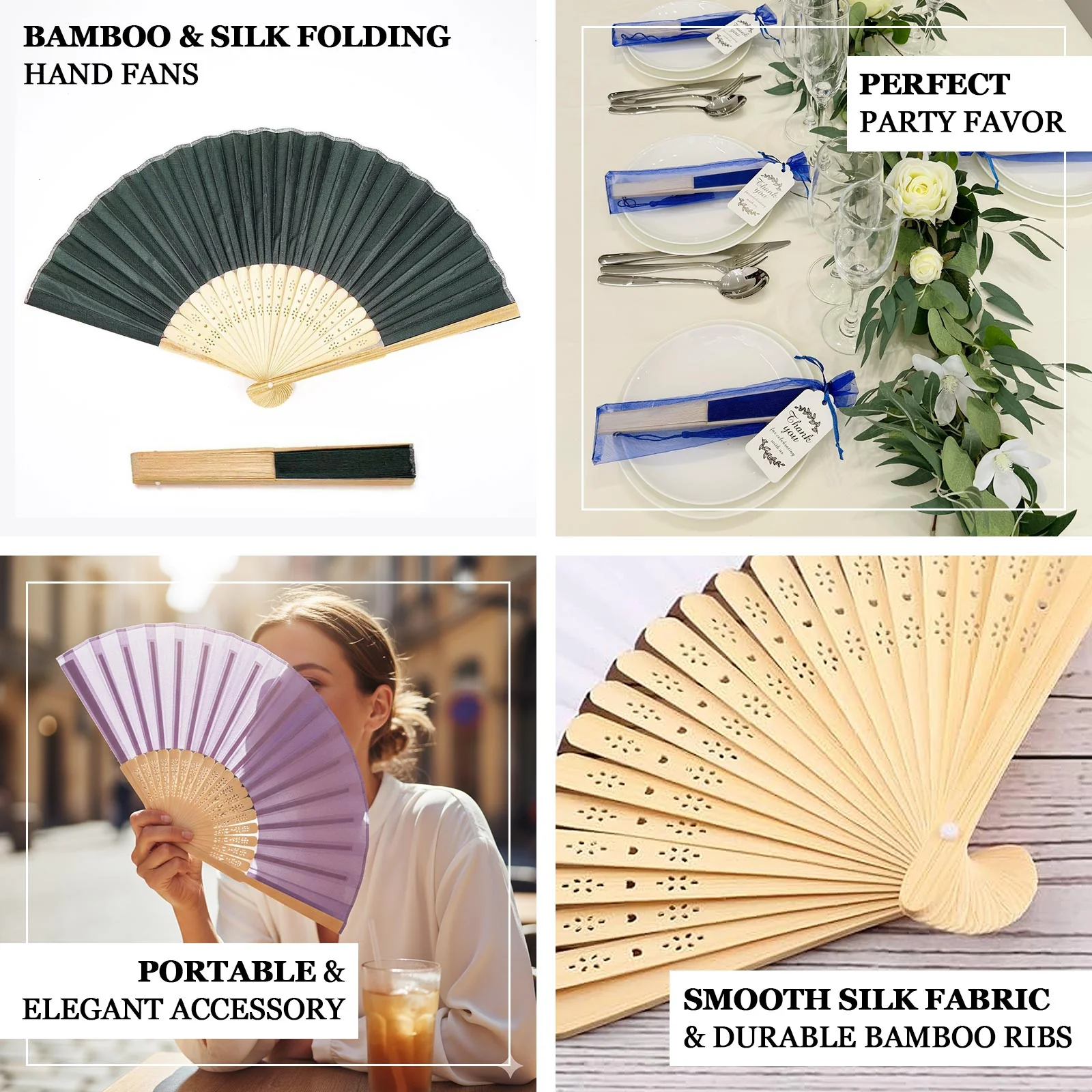 5 Pack White Asian Silk Folding Fans Party Favors, Oriental Folding Fan Favors - Image 4