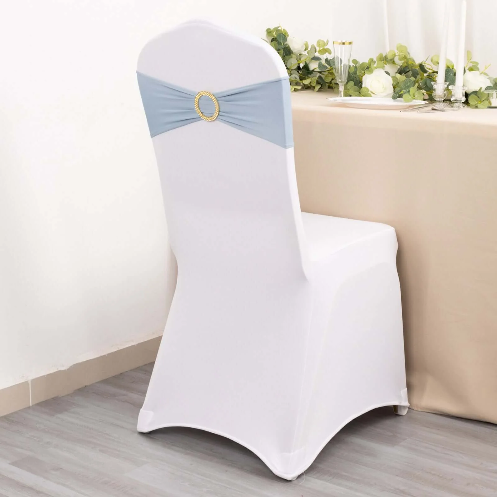 5 Pack Spandex Chair Sashes 5"x14" Dusty Blue with Gold Rhinestone Buckles - Wrinkle-Free Stretch Chair Bands - Image 6