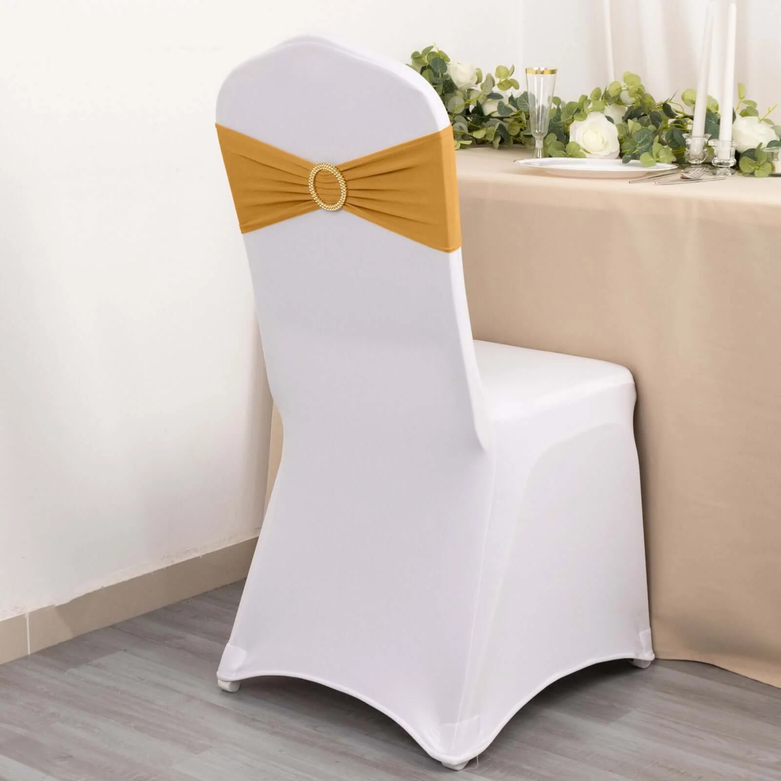 5 Pack Spandex Chair Sashes 5"x14" Gold with Gold Rhinestone Buckles - Stylish Wrinkle-Free Stretch Chair Bands Event Decorations - Image 6