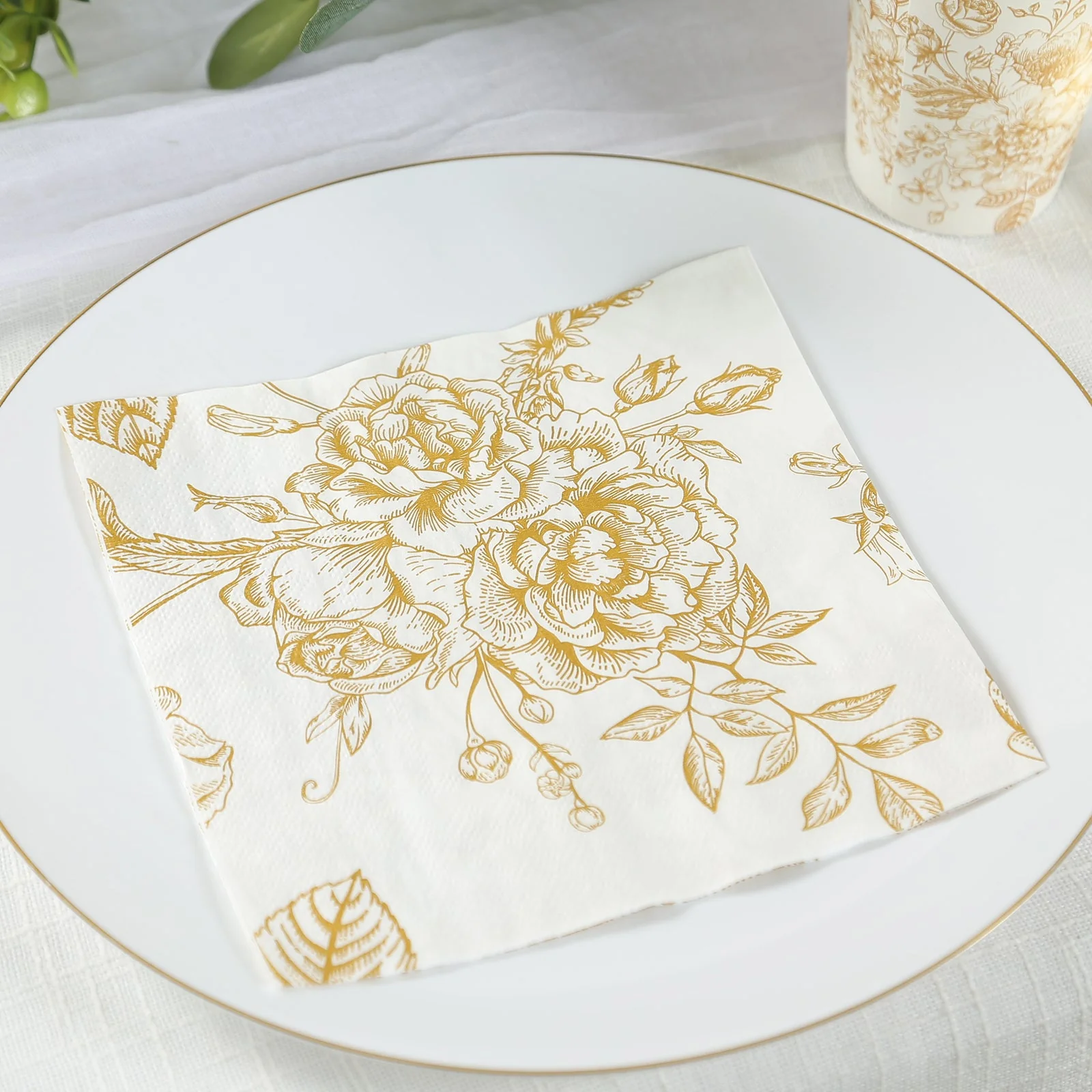 50-Pack Paper Cocktail Napkins 2 Ply White with Gold French Toile Floral Pattern - Soft and Highly Absorbent Beverage Napkins - Image 6
