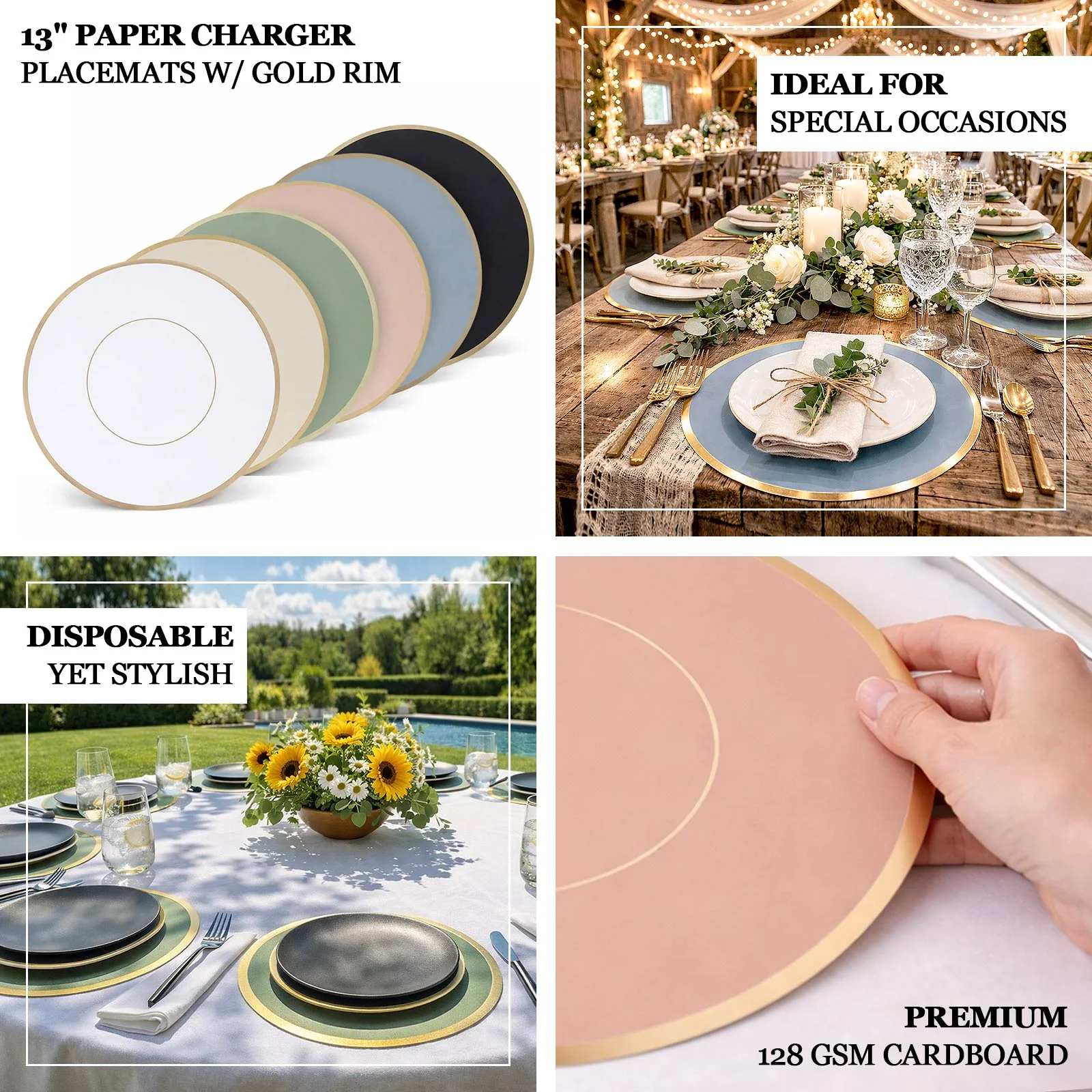 50 Pack Disposable Table Placemats 13" Round Sage Green with Gold Rim – Cardboard Charger Plates for Elegant Table Settings, 128 GSM - Image 4
