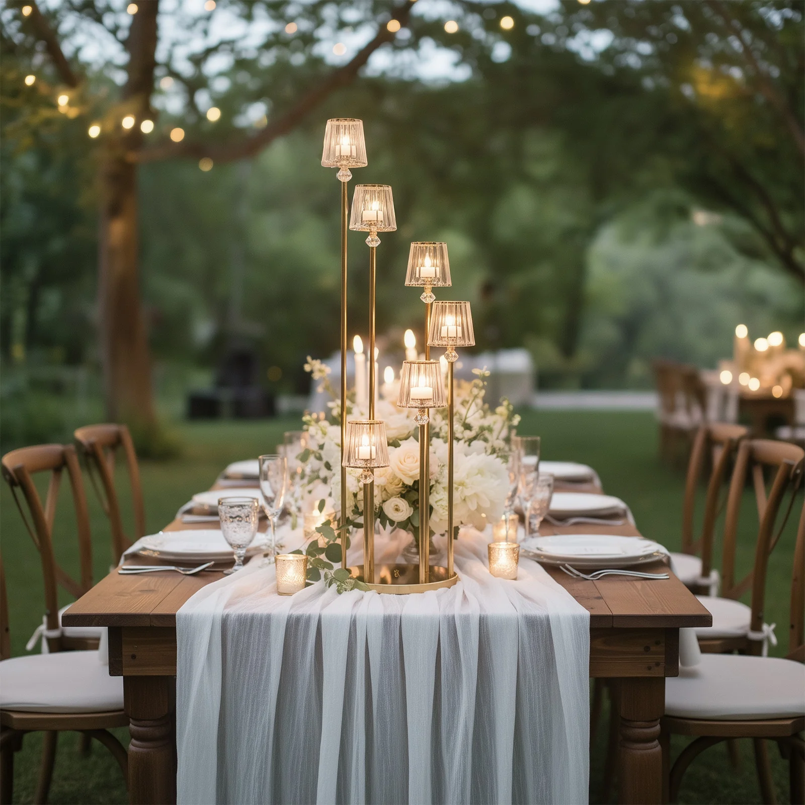6-Arm Crystal Pendant Cluster Candelabra Candle Holder, 4ft Gold Metal Candle Stand with Round Base - Image 10
