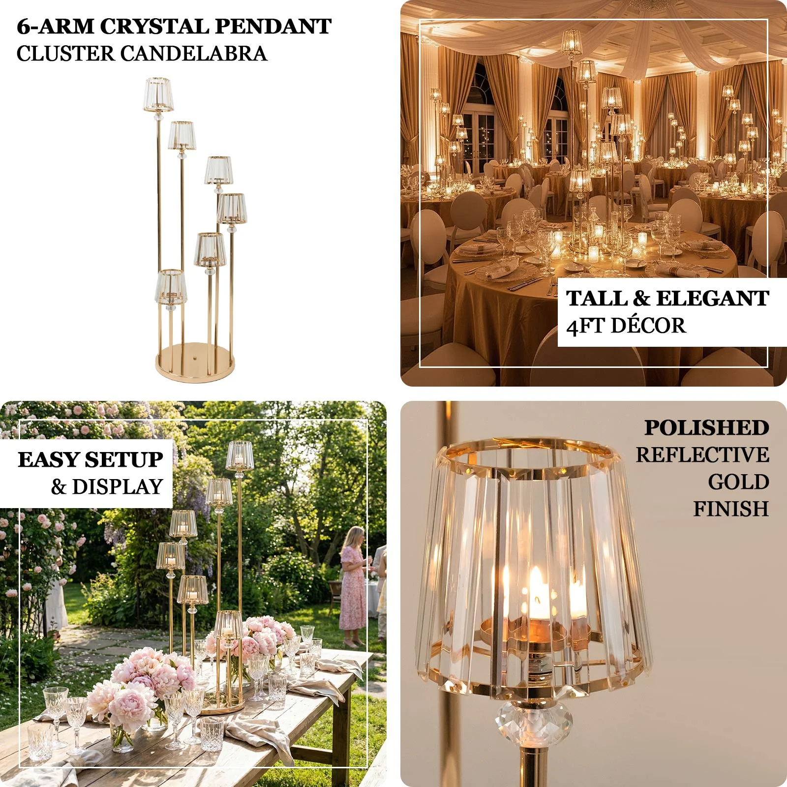 6-Arm Crystal Pendant Cluster Candelabra Candle Holder, 4ft Gold Metal Candle Stand with Round Base - Image 4