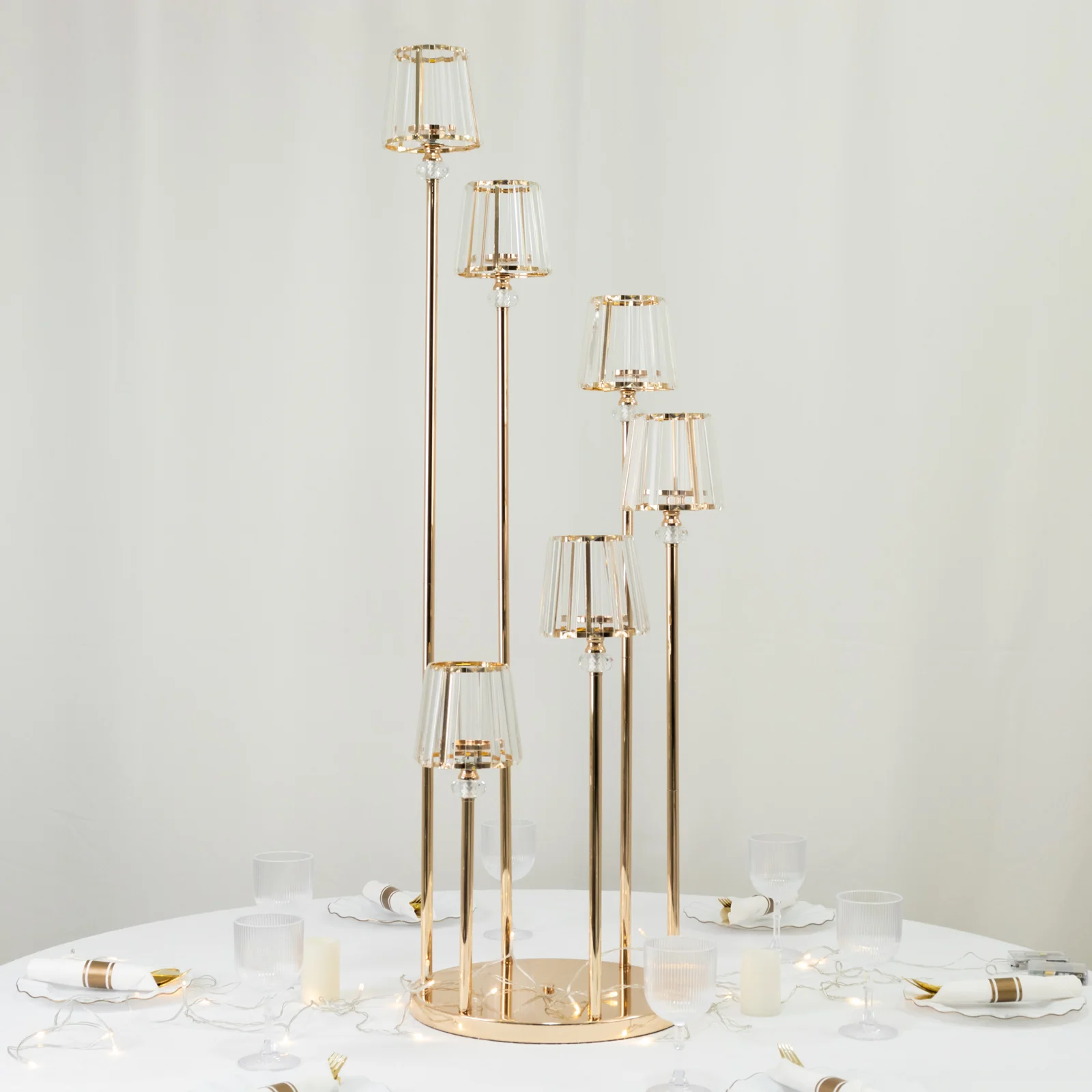 6-Arm Crystal Pendant Cluster Candelabra Candle Holder, 4ft Gold Metal Candle Stand with Round Base - Image 8