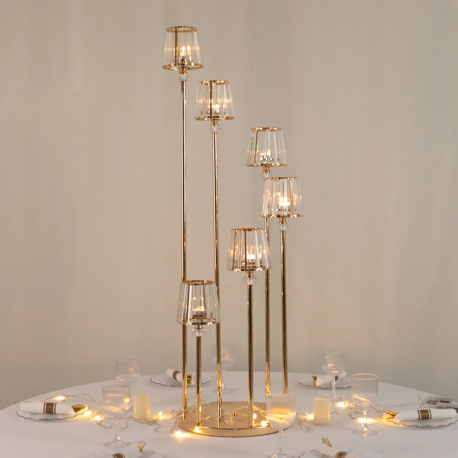6-Arm Crystal Pendant Cluster Candelabra Candle Holder, 4ft Gold Metal Candle Stand with Round Base - Image 9