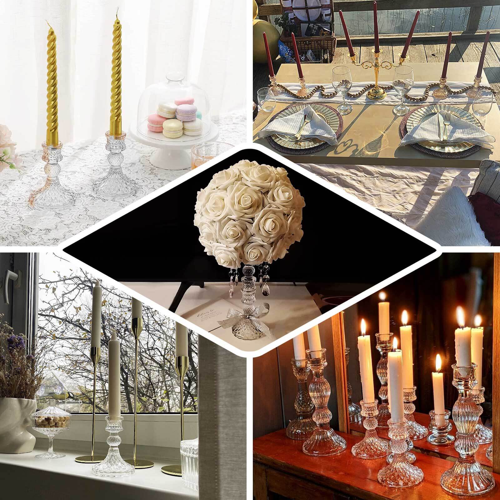 6-Pack Glass Taper Candlestick Holders 4" Diamond Pattern Design Clear - Reversible Crystal Pillar Votive Stands - Image 5
