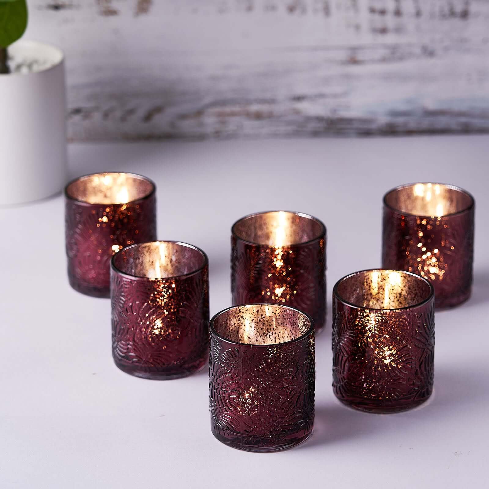 6-Pack Mercury Glass Candle Holders Palm Leaf Design Burgundy - Votive Tealight Holders for Events - Image 11