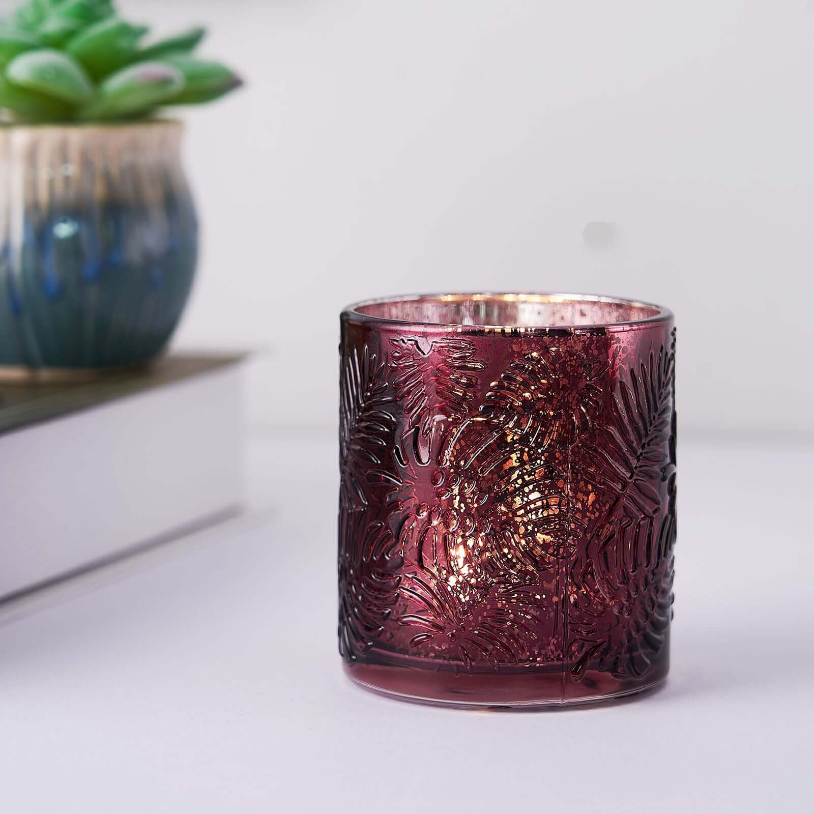 6-Pack Mercury Glass Candle Holders Palm Leaf Design Burgundy - Votive Tealight Holders for Events - Image 12