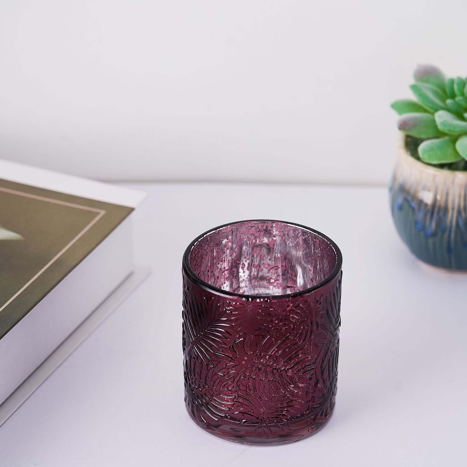 6-Pack Mercury Glass Candle Holders Palm Leaf Design Burgundy - Votive Tealight Holders for Events - Image 14