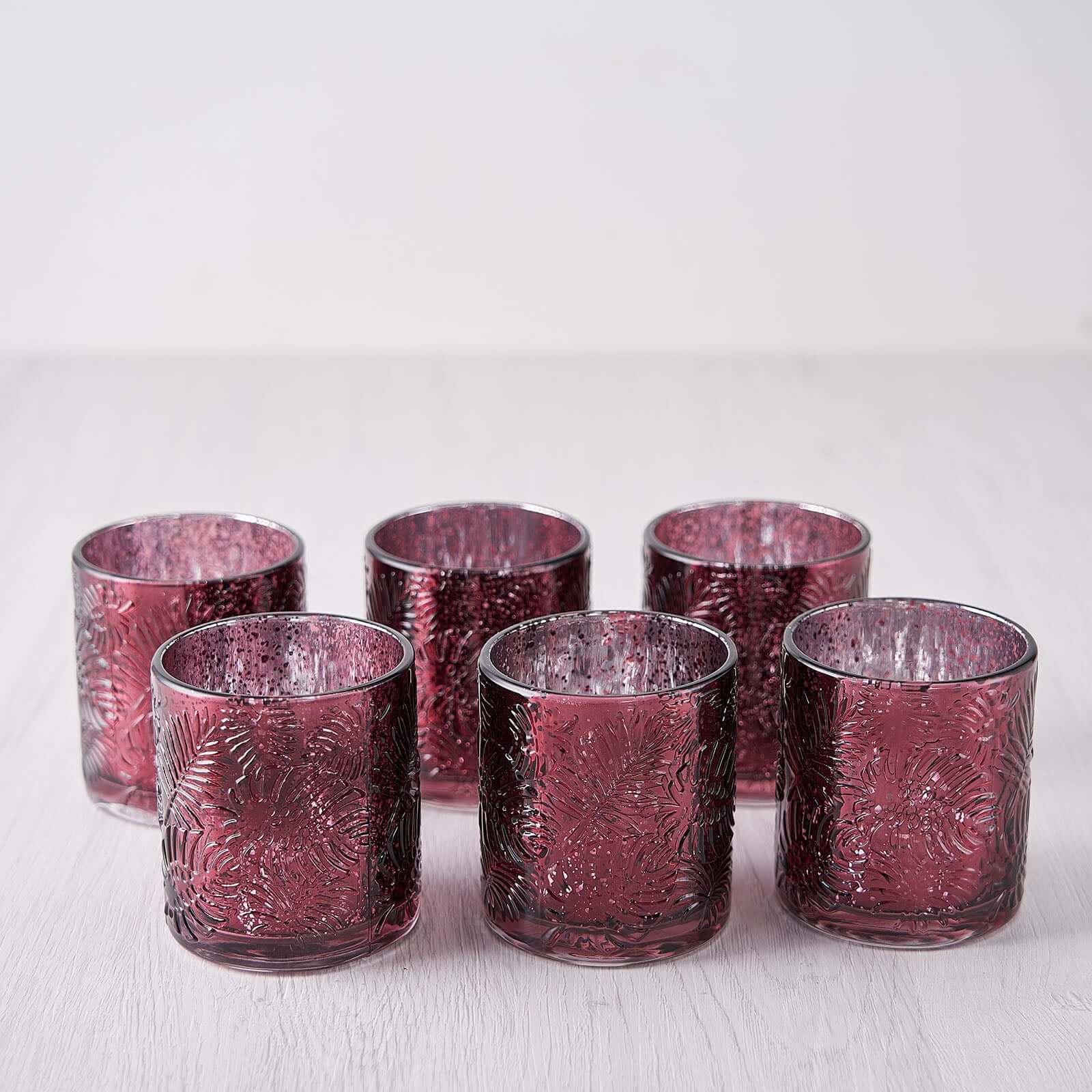6-Pack Mercury Glass Candle Holders Palm Leaf Design Burgundy - Votive Tealight Holders for Events - Image 16