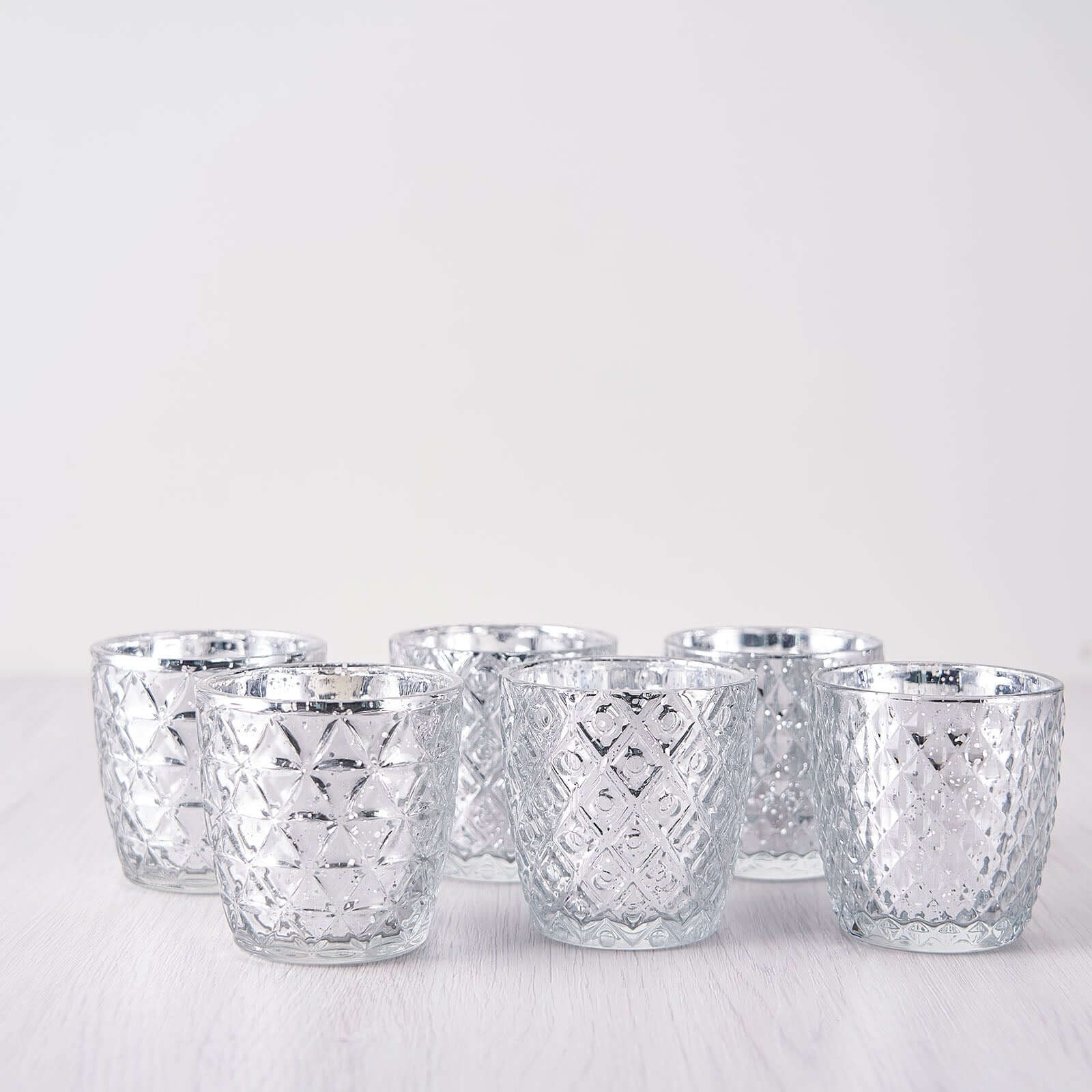 6-Pack Mercury Glass Votive Candle Holders 3" Metallic Silver with Assorted Geometric Designs - Tealight Holders - Image 16