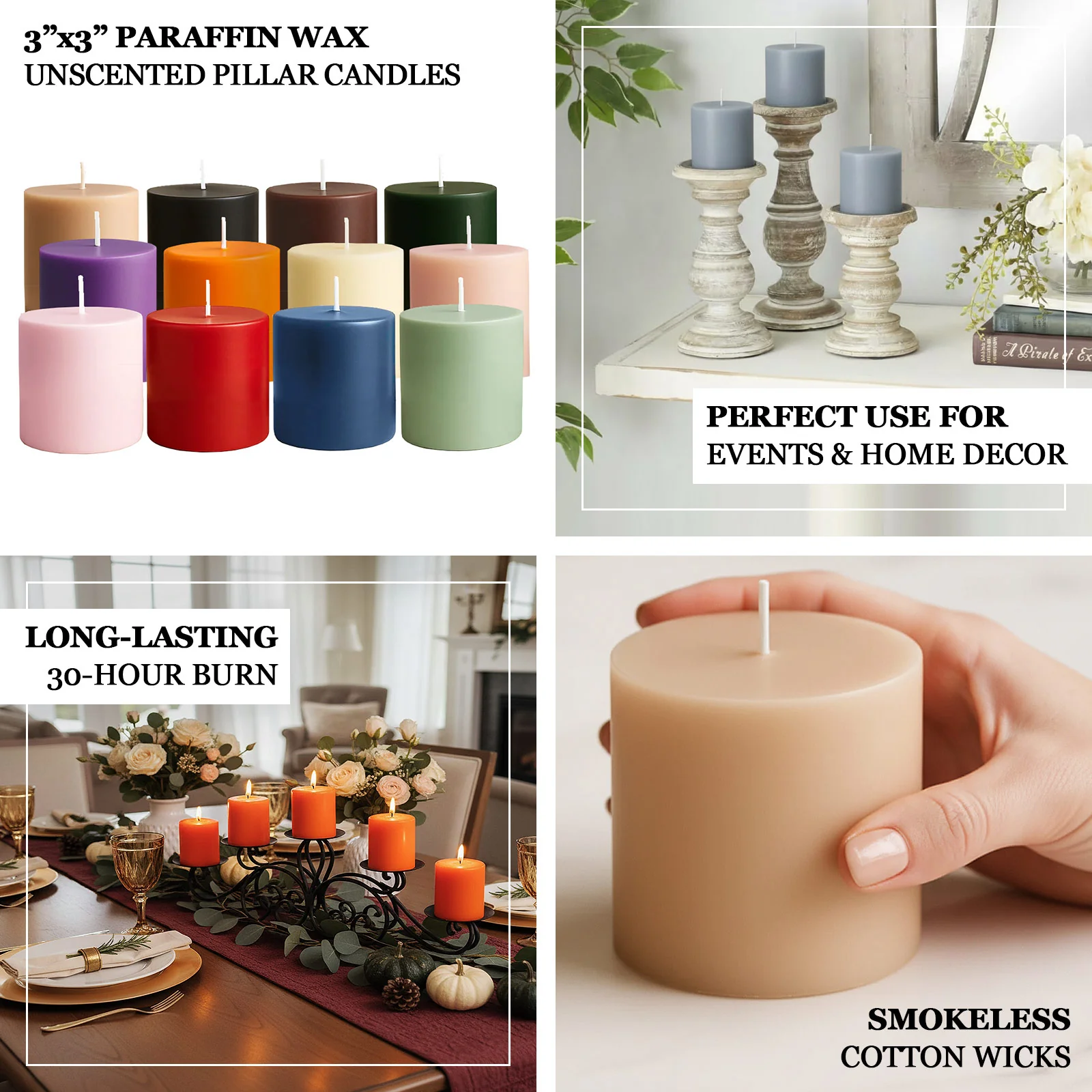 6-Pack Unscented Pillar Candles – Dripless 3"x3" Beige Paraffin Wax with Smokeless Cotton Wicks, Clean & Long-Lasting 30-Hour Burn - Image 4