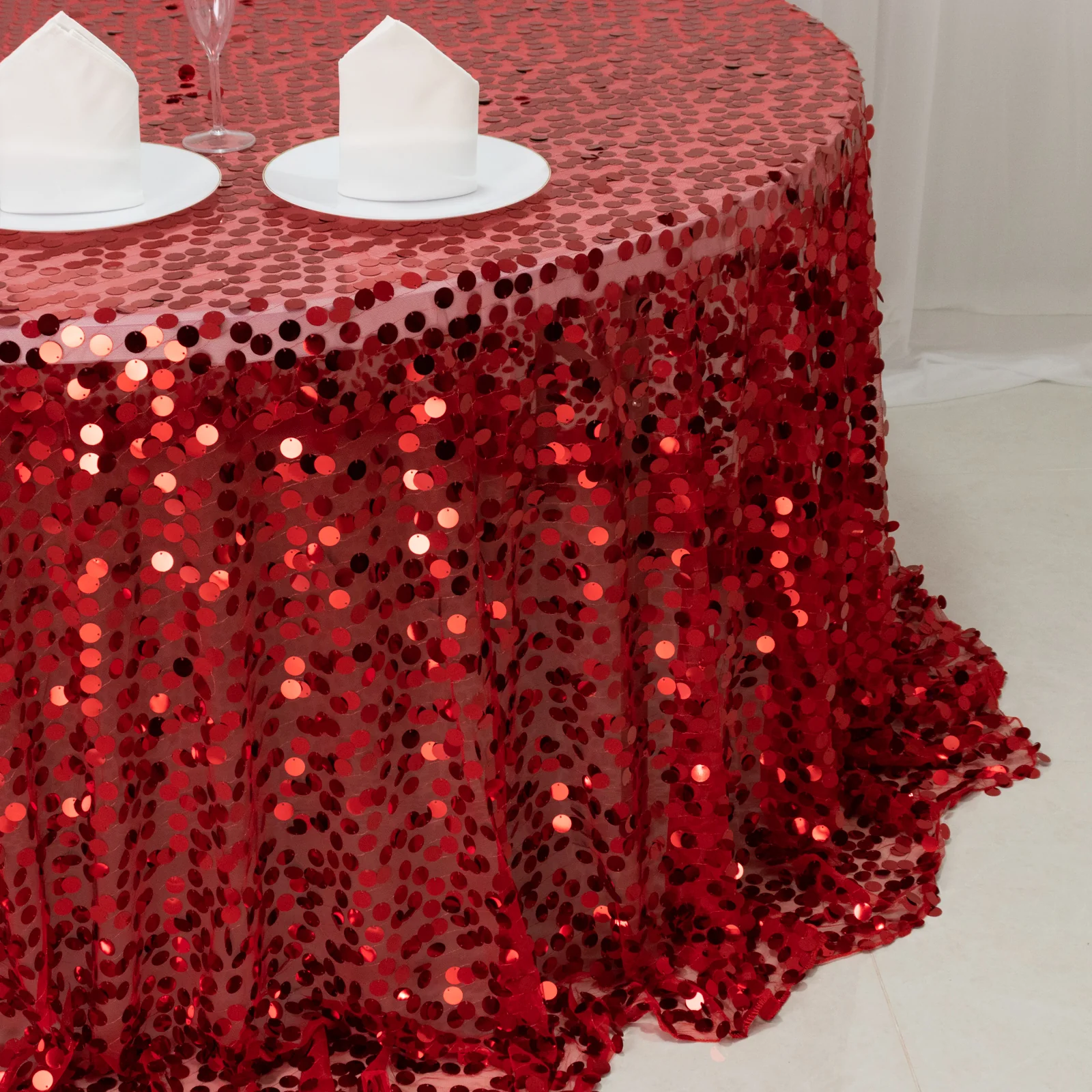 Sequin Round Tablecloth 132" Red - Big Payette Table Cover - Image 6