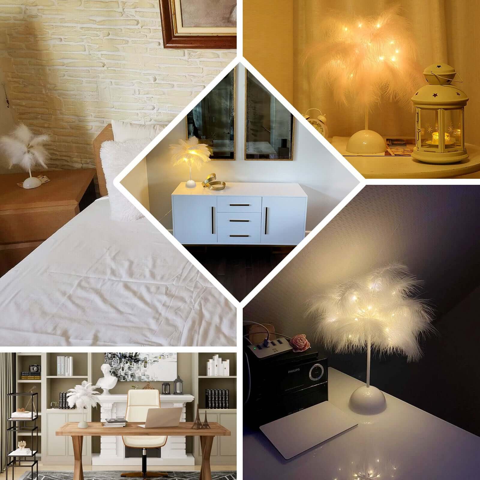 Cordless Table Lamp 15" LED Feather Design Natural - Battery Operated Desk Light - Image 5