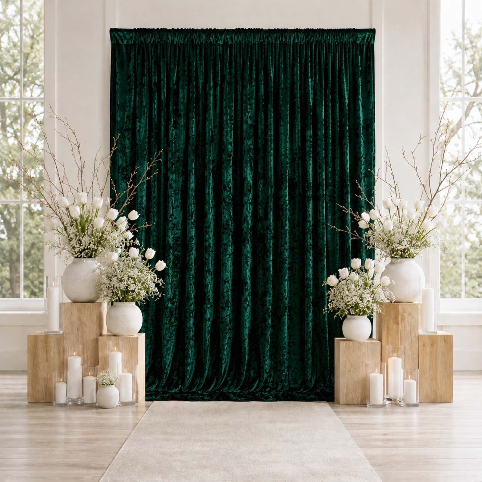 Hunter Emerald Green Premium Crushed Velvet Backdrop Curtain 10ft x 12ft – Wedding Backdrop Panel & Event Drapery with Rod Pocket, 70% Blackout