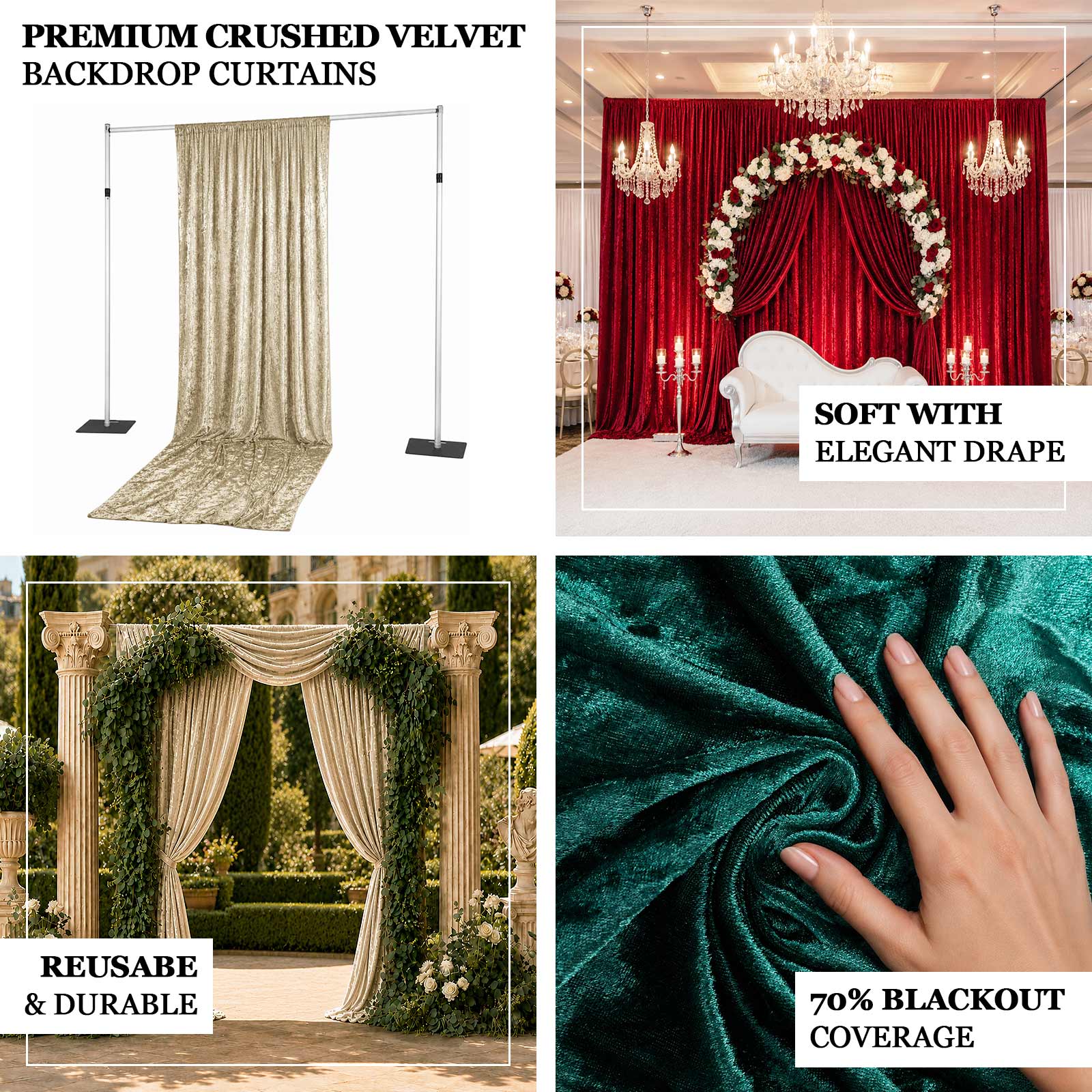 Beige Premium Crushed Velvet Backdrop Curtain 5ft x 14ft – Event Drape Panel & Photo Booth Background with Rod Pocket, 70% Blackout - Image 4