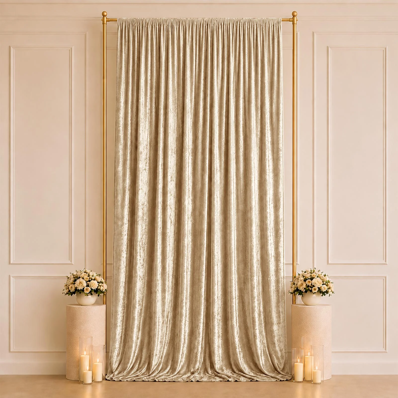 Beige Premium Crushed Velvet Backdrop Curtain 5ft x 14ft – Event Drape Panel & Photo Booth Background with Rod Pocket, 70% Blackout