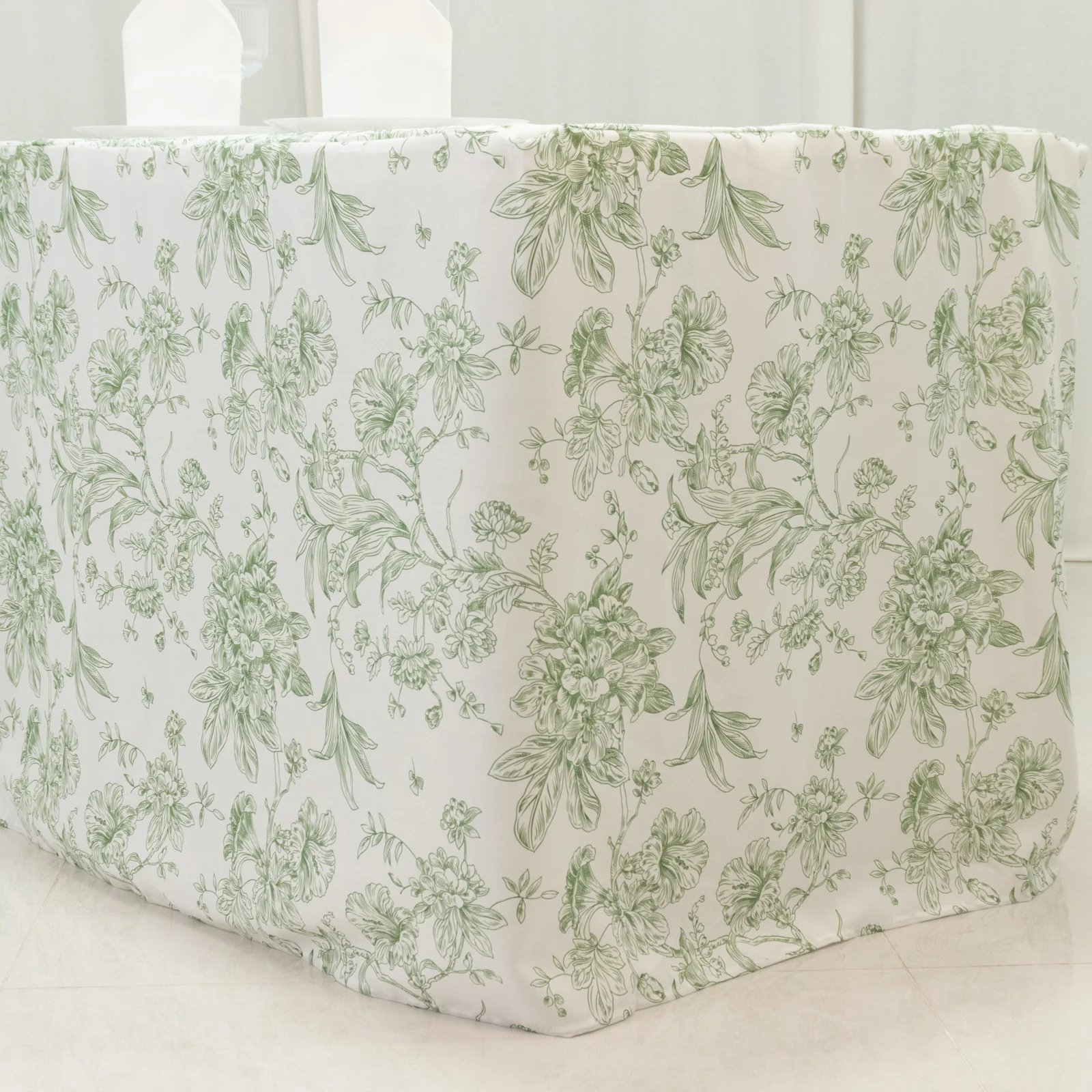 French Toile Fitted Polyester Tablecloth 8ft – Dusty Sage Green & White Rectangular Wrinkle-Resistant Table Cover - Image 2