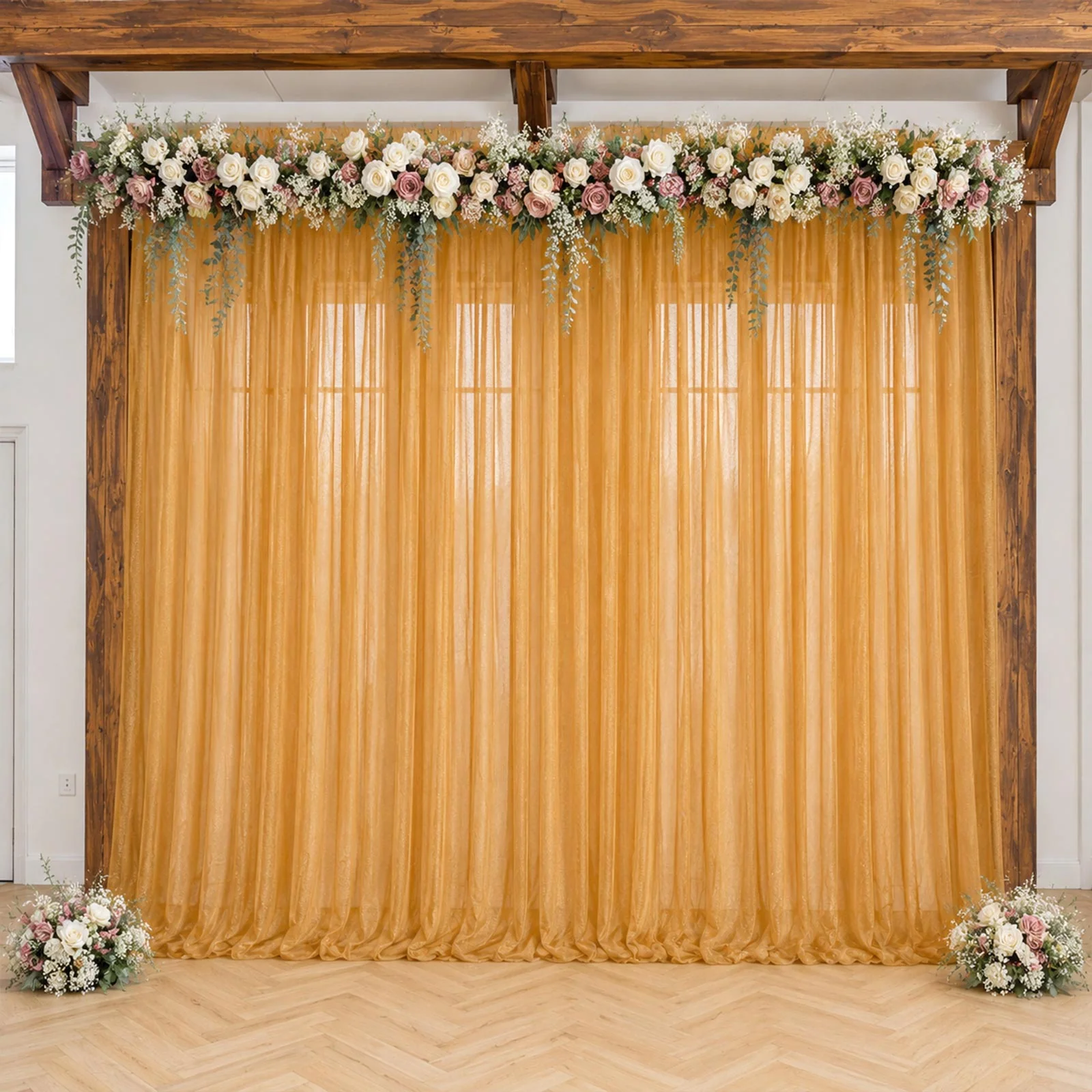 Sheer Wedding Arch Drape – 5ftx14ft Gold Sheer Curtain Backdrop, Ceiling Drapery Panel - Image 2