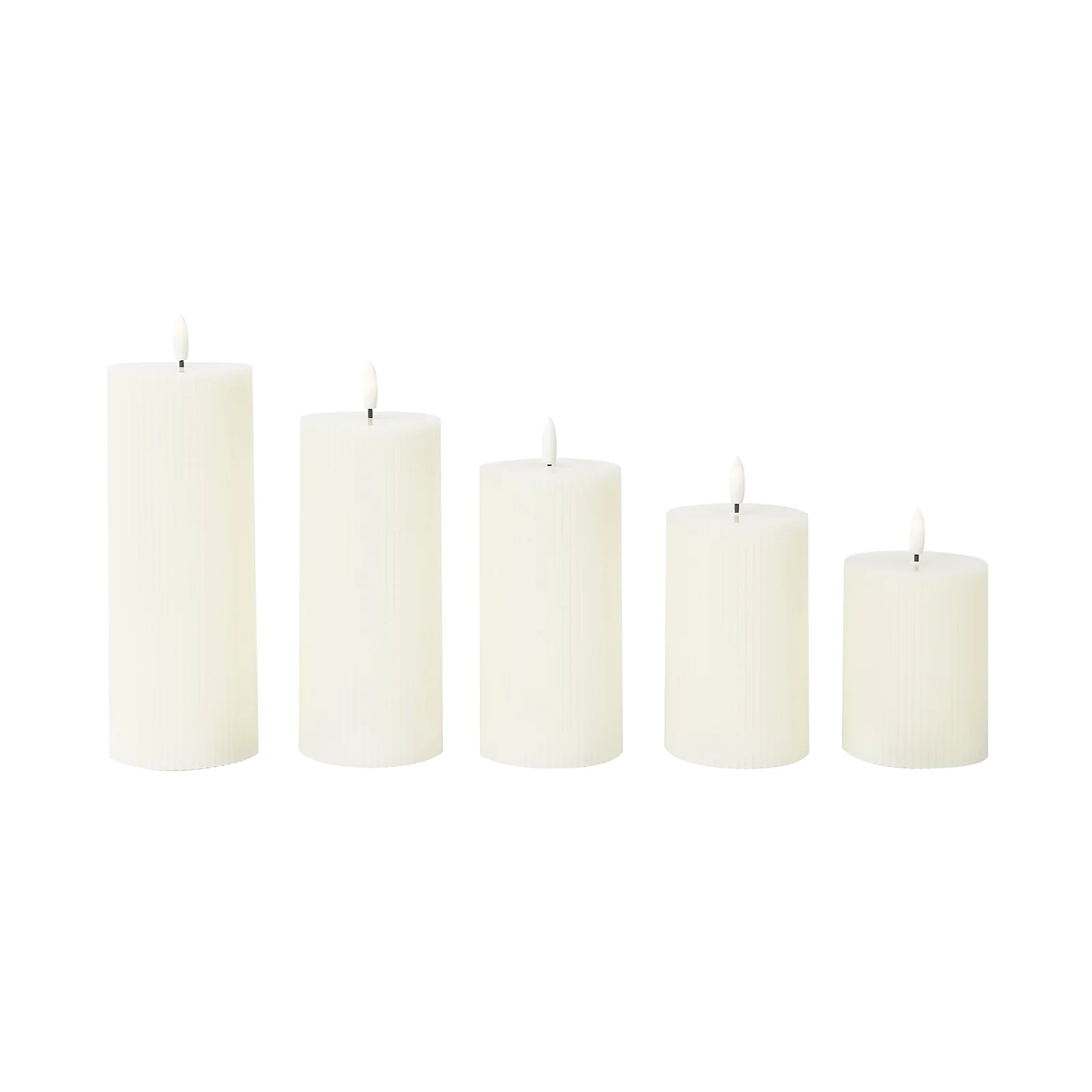 Set of 5 Ivory LED Flameless Pillar Candles – Battery Operated Flickering Candles, Real Wax Exterior, Ribbed Design, 4″–8″, Warm White - Image 2