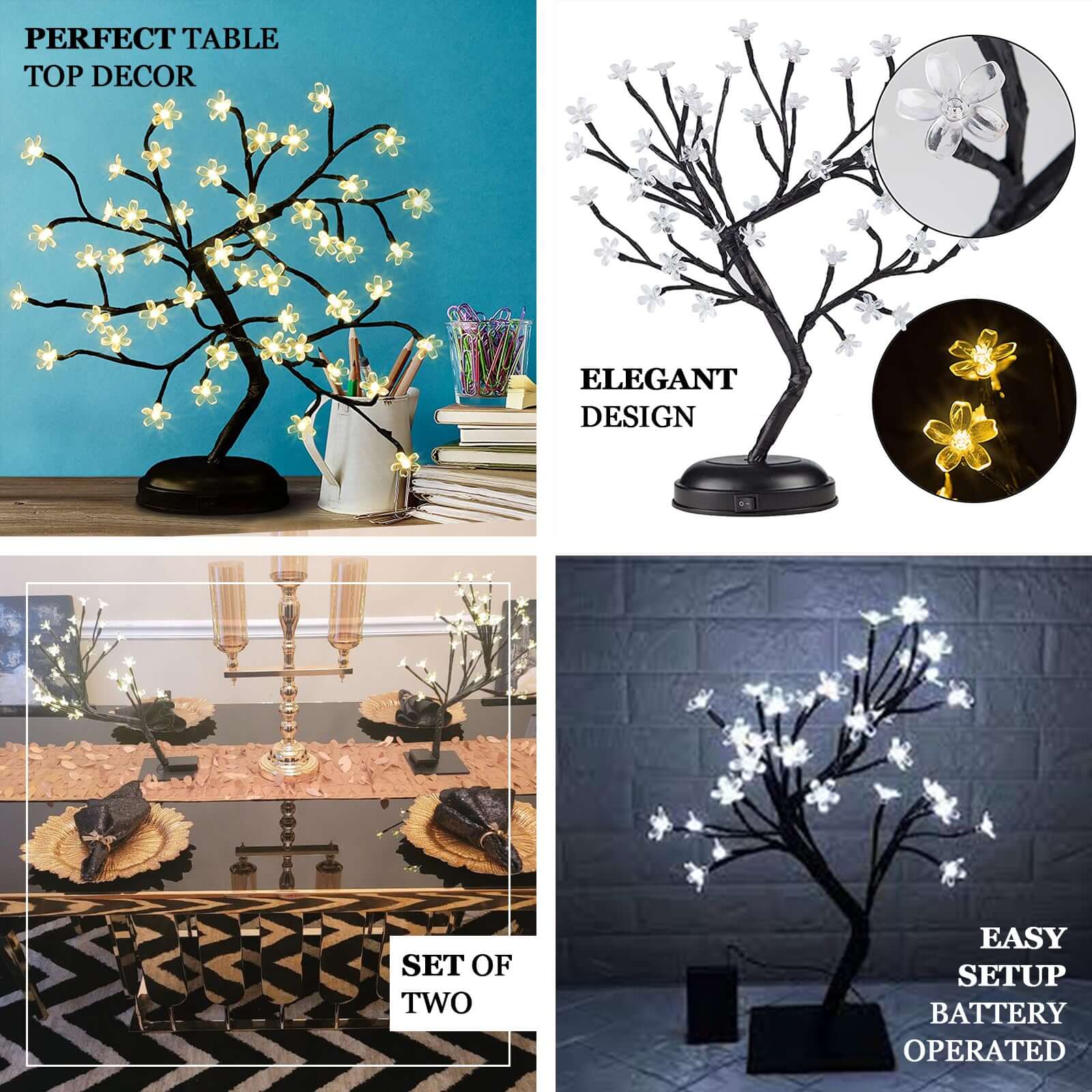 2-Pack Artificial Tree Centerpieces 36 Warm White LEDs Cherry Blossom Design Black - Battery Operated Decorative Lights - Image 4