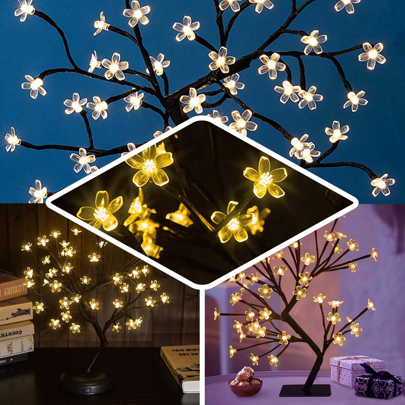 2-Pack Artificial Tree Centerpieces 36 Warm White LEDs Cherry Blossom Design Black - Battery Operated Decorative Lights - Image 5