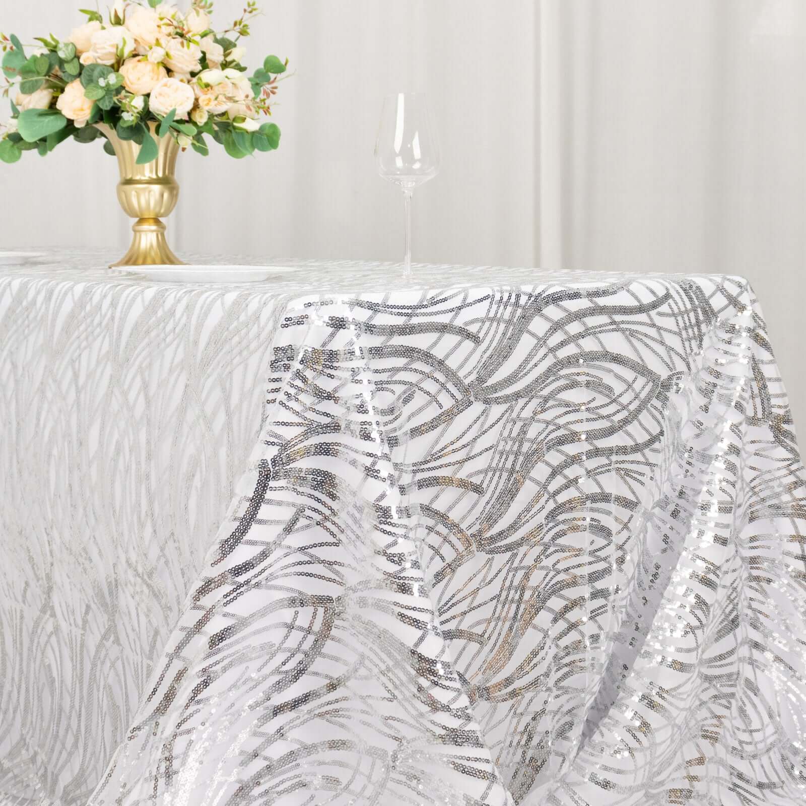 Mesh Rectangle Tablecloth 90"x156" Silver - Wave Embroidered Sequin Table Cover - Image 2