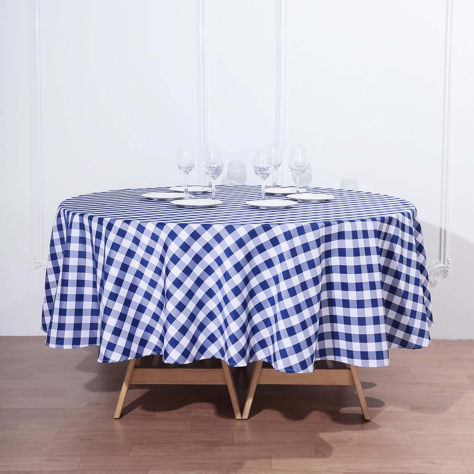 Polyester Round Tablecloth 90" White/Navy Blue Checkered Buffalo Plaid Table Cover