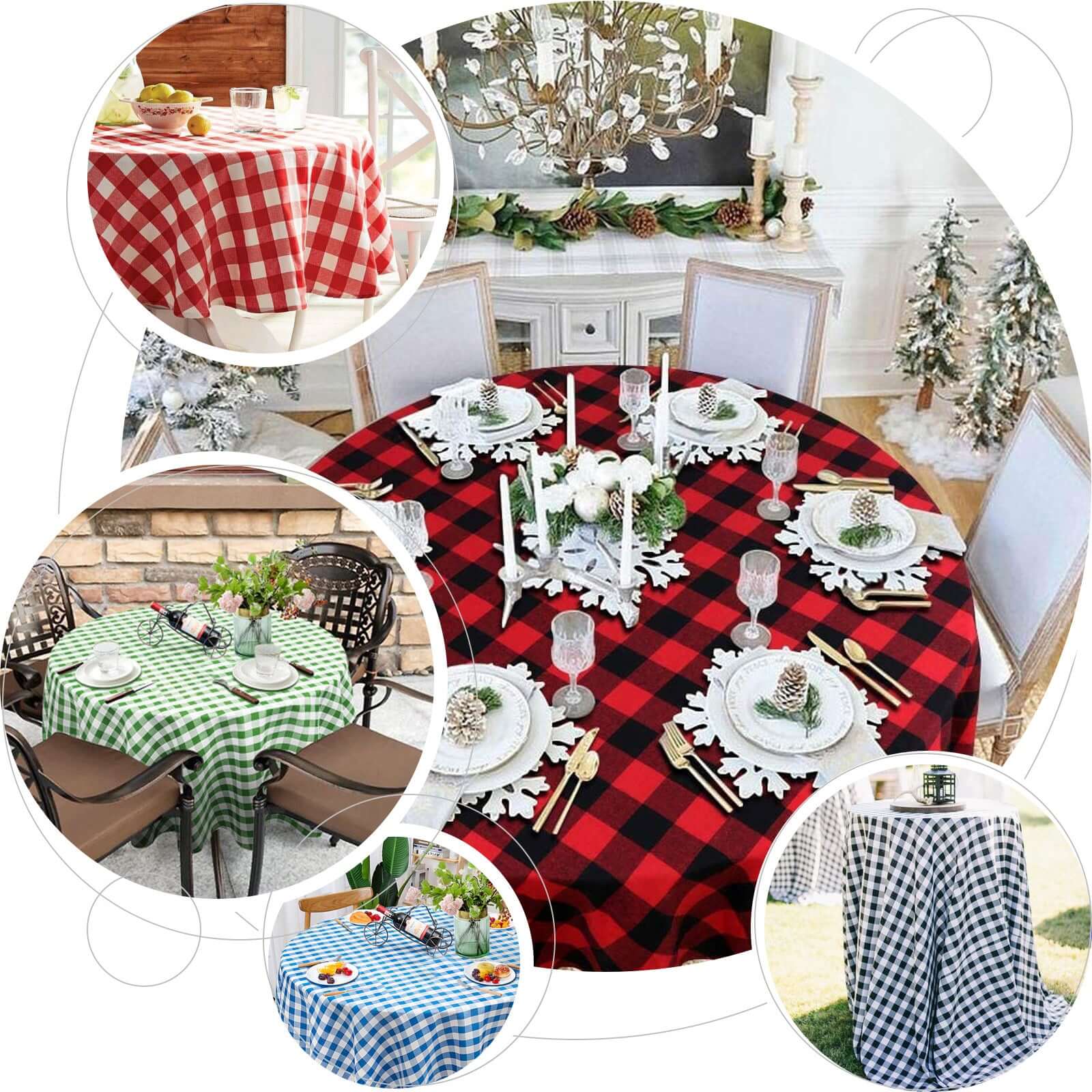 Polyester Round Tablecloth 90" White/Navy Blue Checkered Buffalo Plaid Table Cover - Image 3