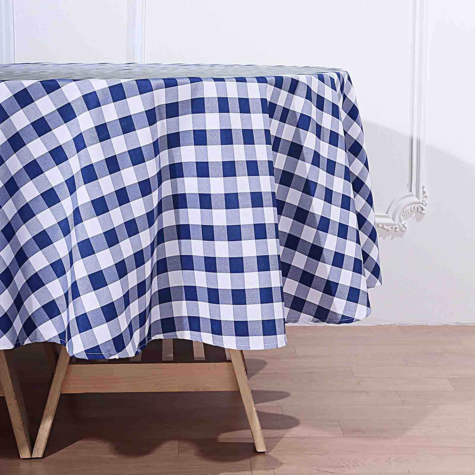 Polyester Round Tablecloth 90" White/Navy Blue Checkered Buffalo Plaid Table Cover - Image 5
